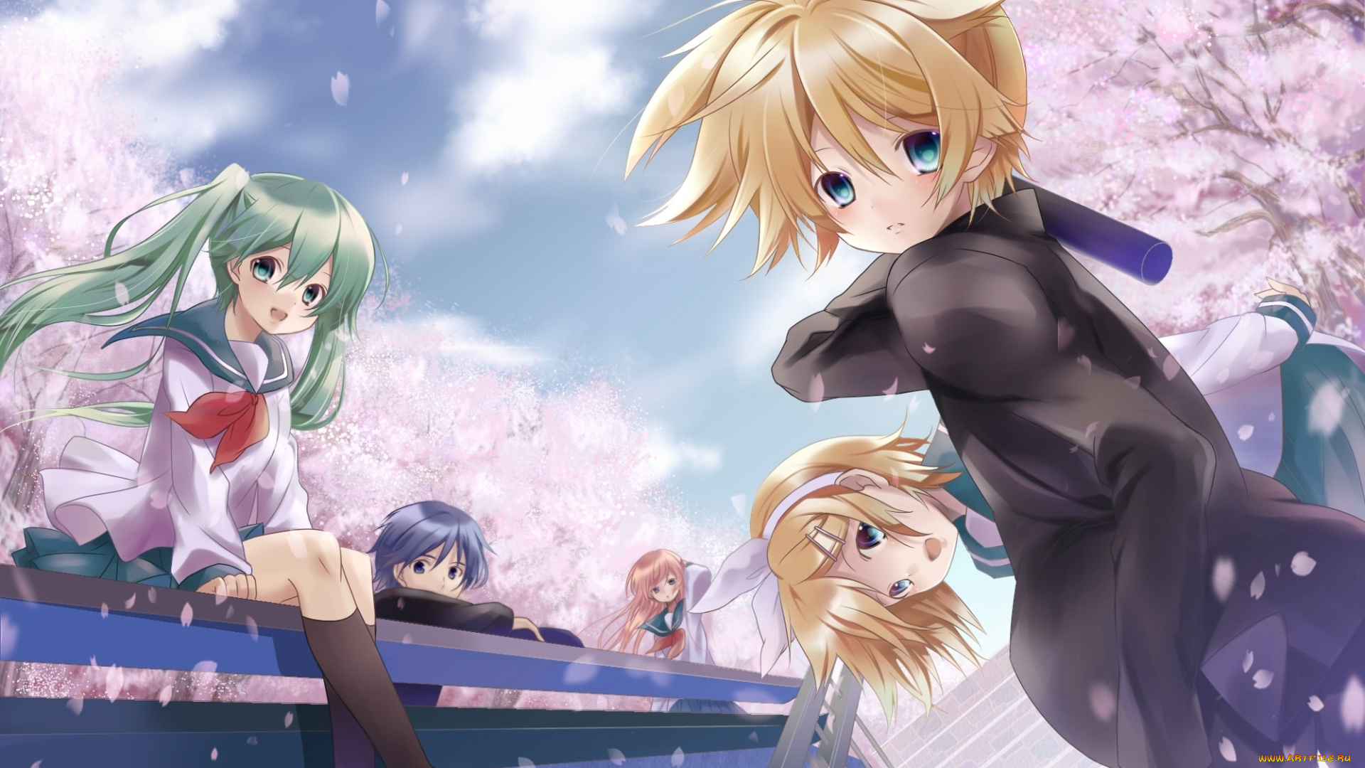 аниме, vocaloid, ветер, форма, сакура, весна, kagamine, rin, парни, megurine, luka, девушки, kaito, len, hatsune, miku, shinwa, арт