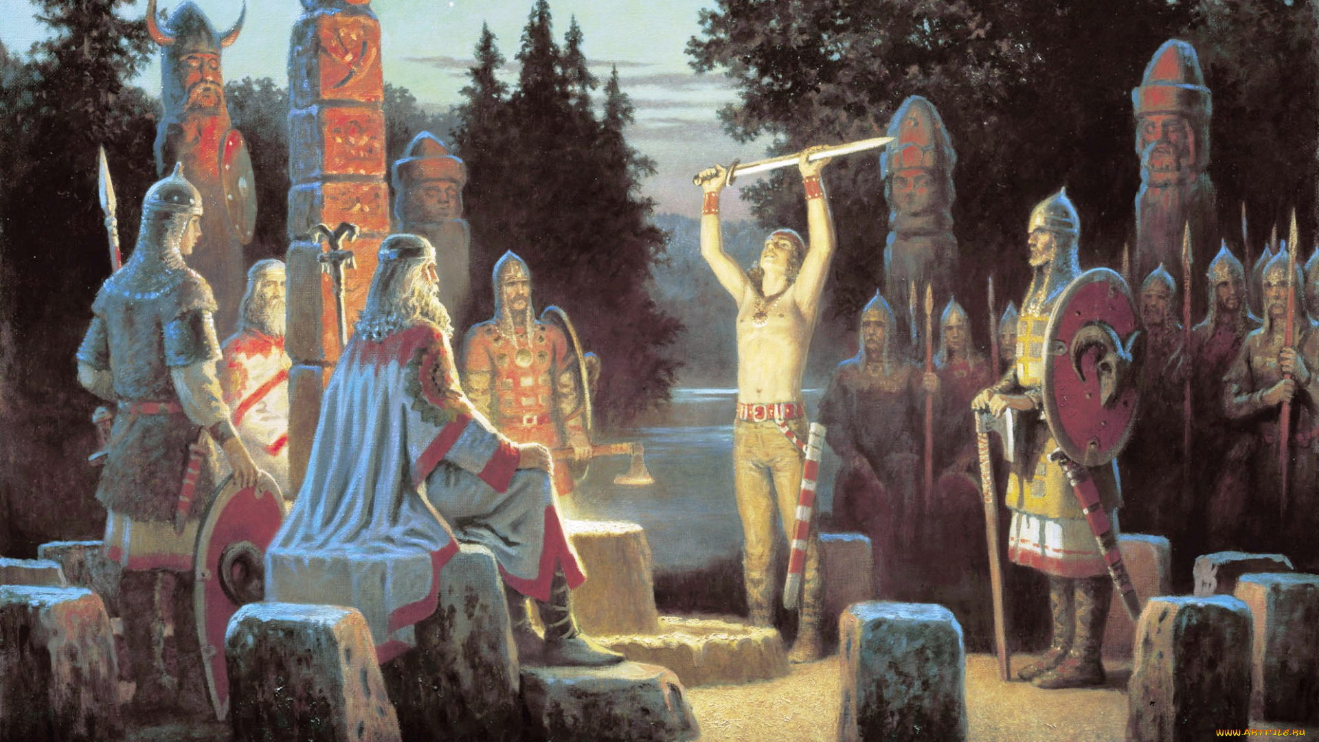 клятва, сварожича, рисованное, борис, ольшанский, меч, боги, славяне, ритуал, река, деревья, воины, камни, идолы