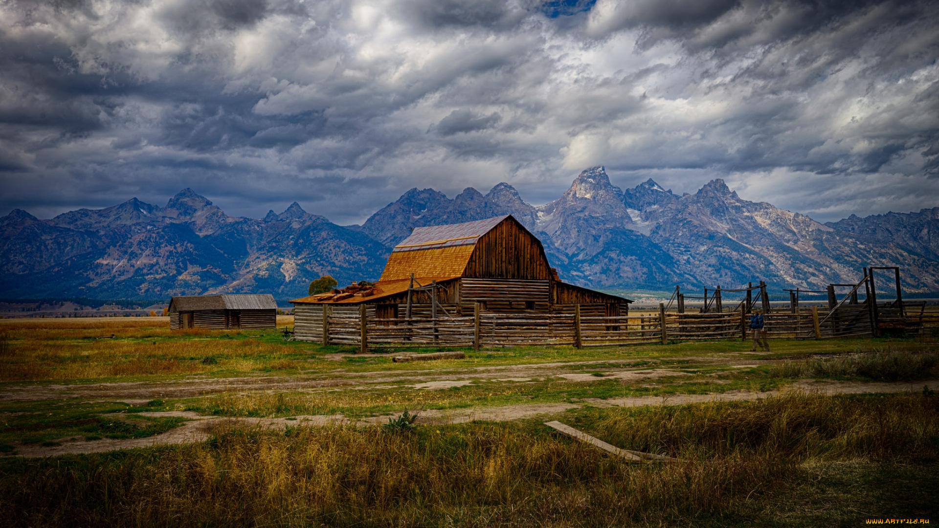 природа, пейзажи, сарай, поле, горы