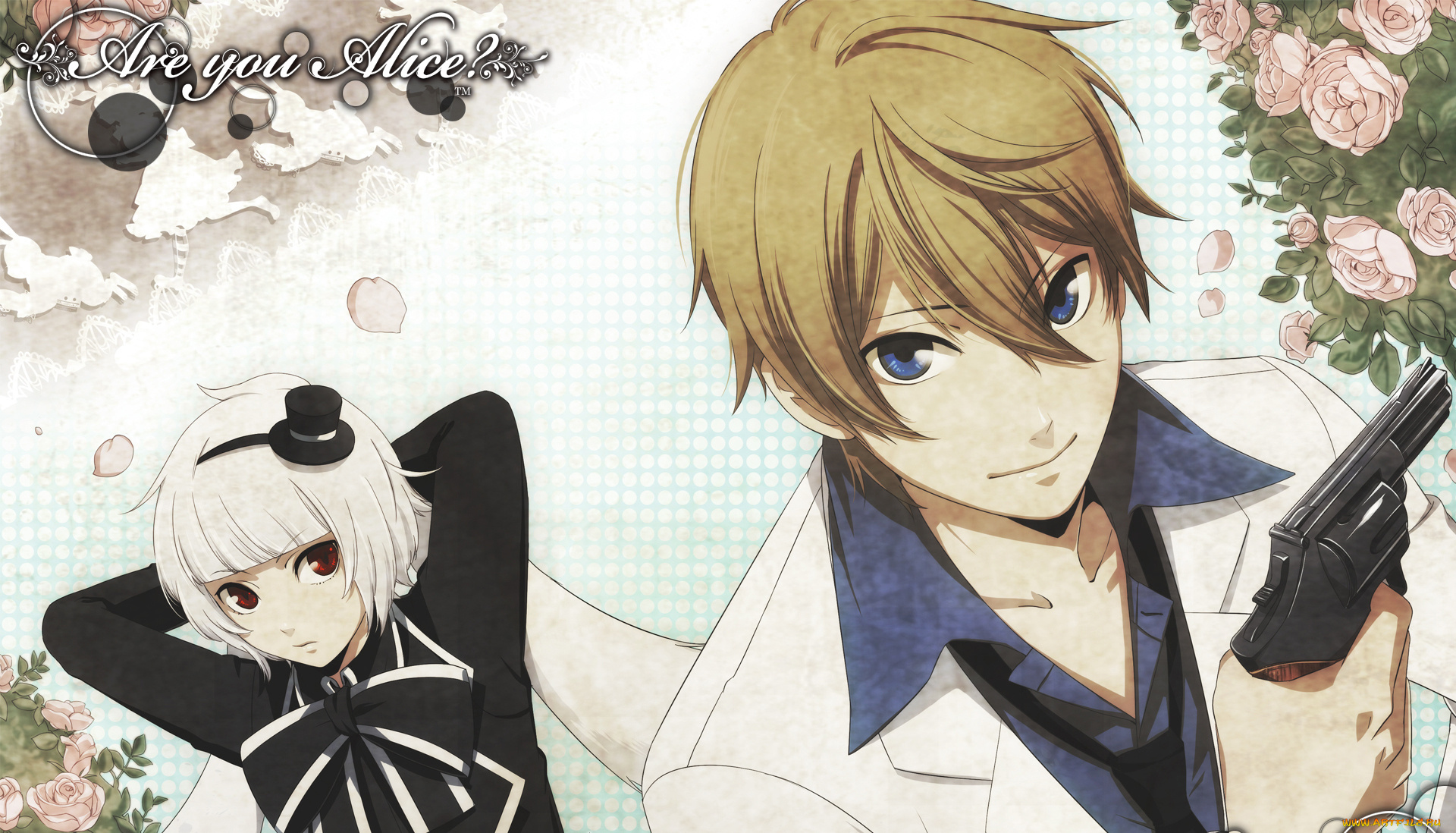 аниме, are, you, alice, белый, кролик, красные, глаза, шляпка, а, ты, алиса, alice, white, rabbit, are, you, бант, розы, цветы, уши, пистолет, парень