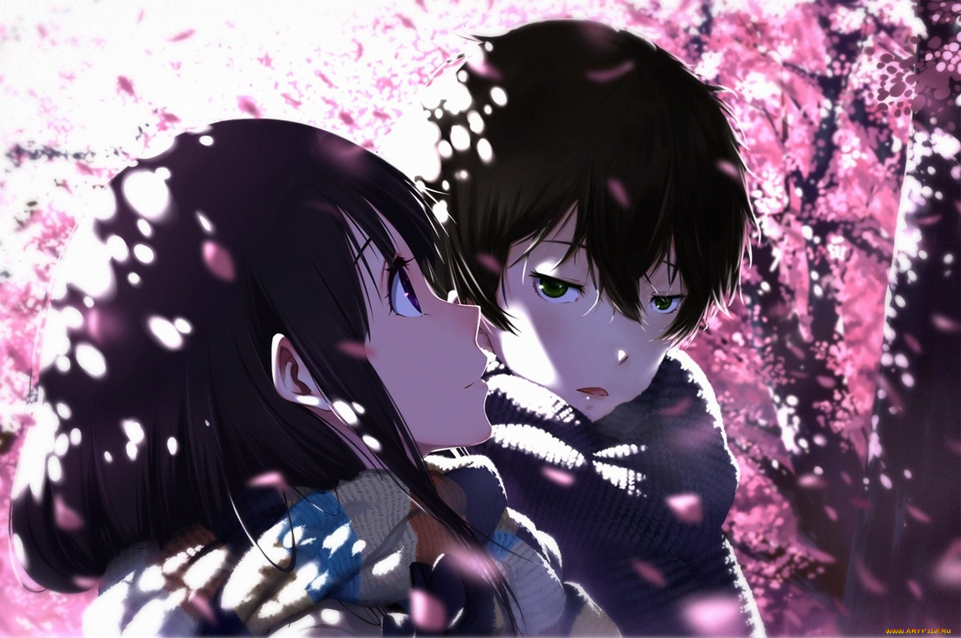 аниме, hyouka, шарф, парень, лепестки, девушка, oreki, houtarou, chitanda, eru, цветы, сакура, cici, арт