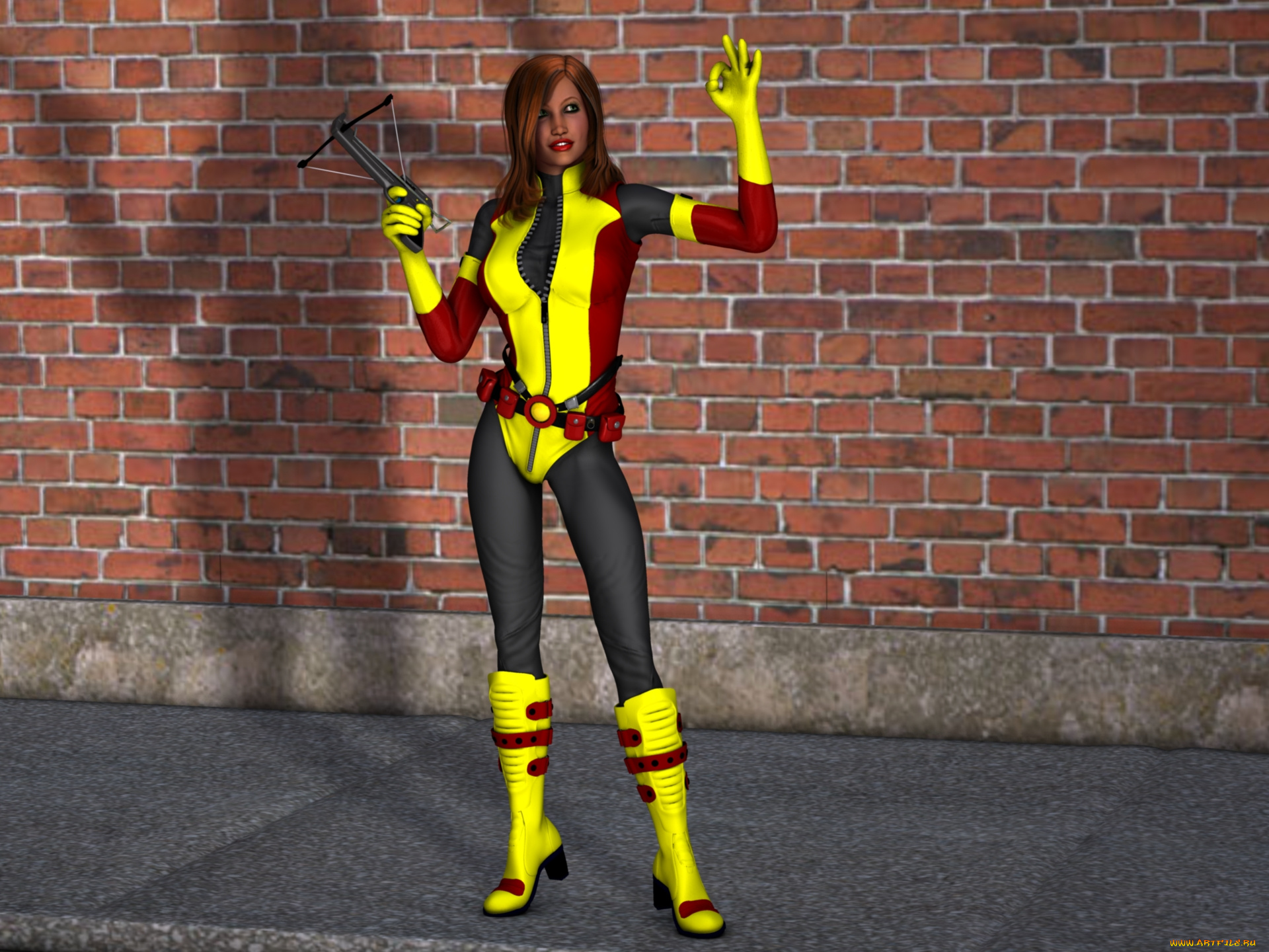 3д, графика, люди, , people, девушка, взгляд, фон, оружие, рыжая