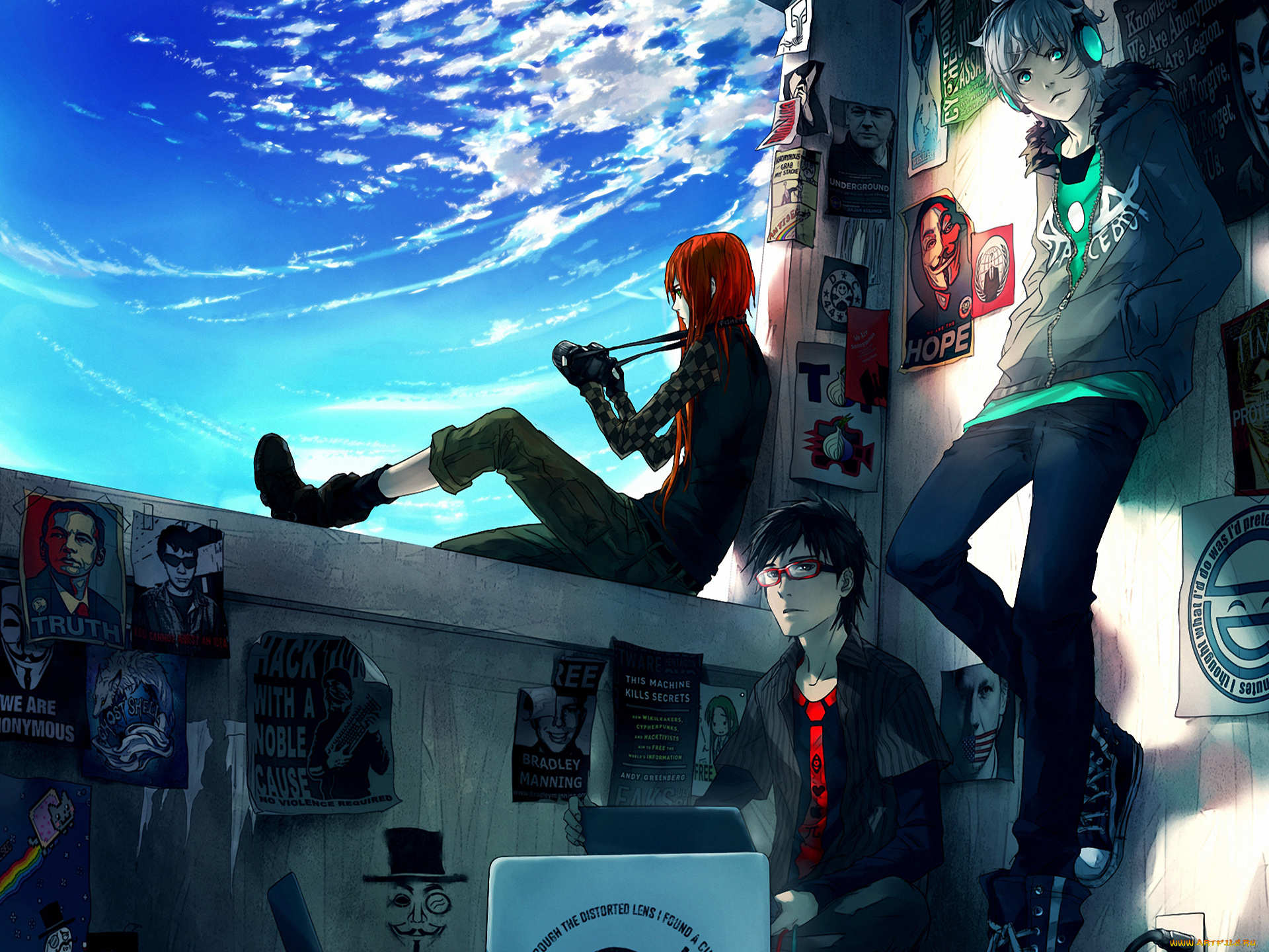аниме, unknown, , другое, арт, fisheye, placebo, yuumei, девушка, vance, robin, frey, листовки, парни, фотокамера, наушники, ноутбук