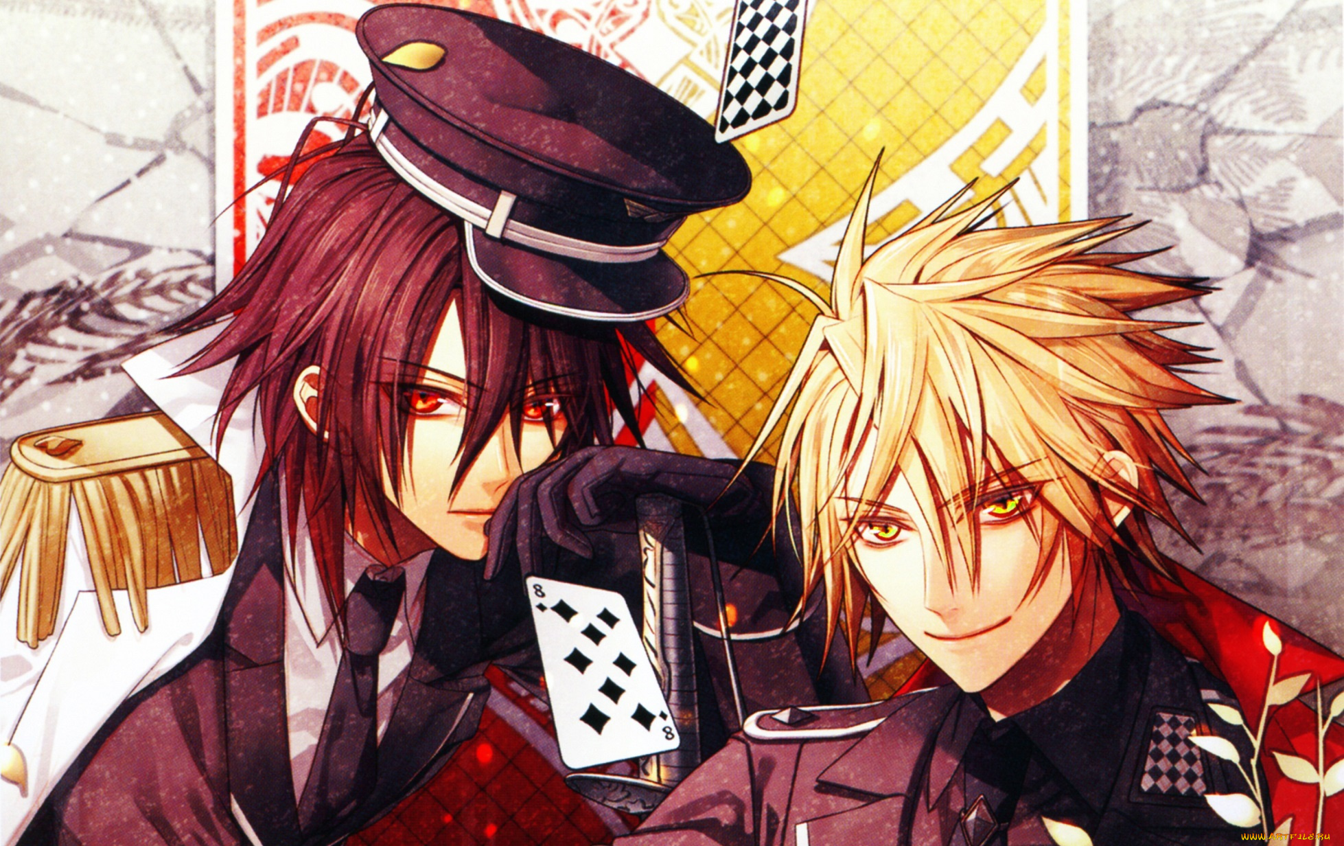 аниме, amnesia, листья, улыбки, красные, глаза, форма, карты, парни, toma, shin