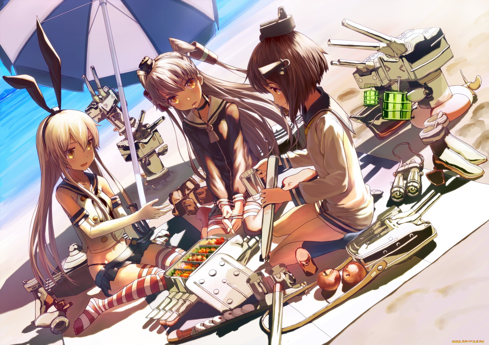 аниме, kantai, collection, пляж, фон, взгляд, девушки, зонтик