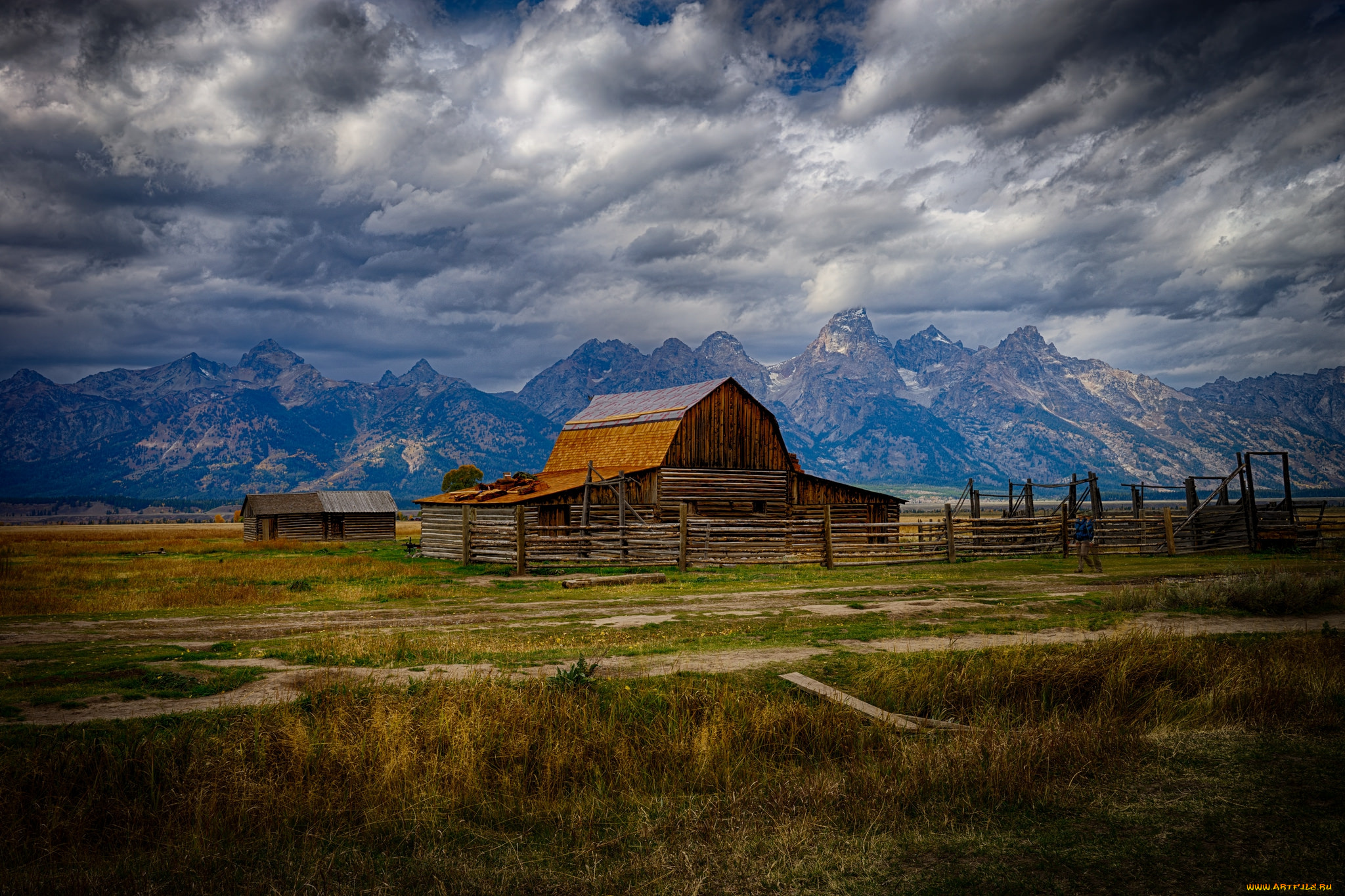 природа, пейзажи, сарай, поле, горы