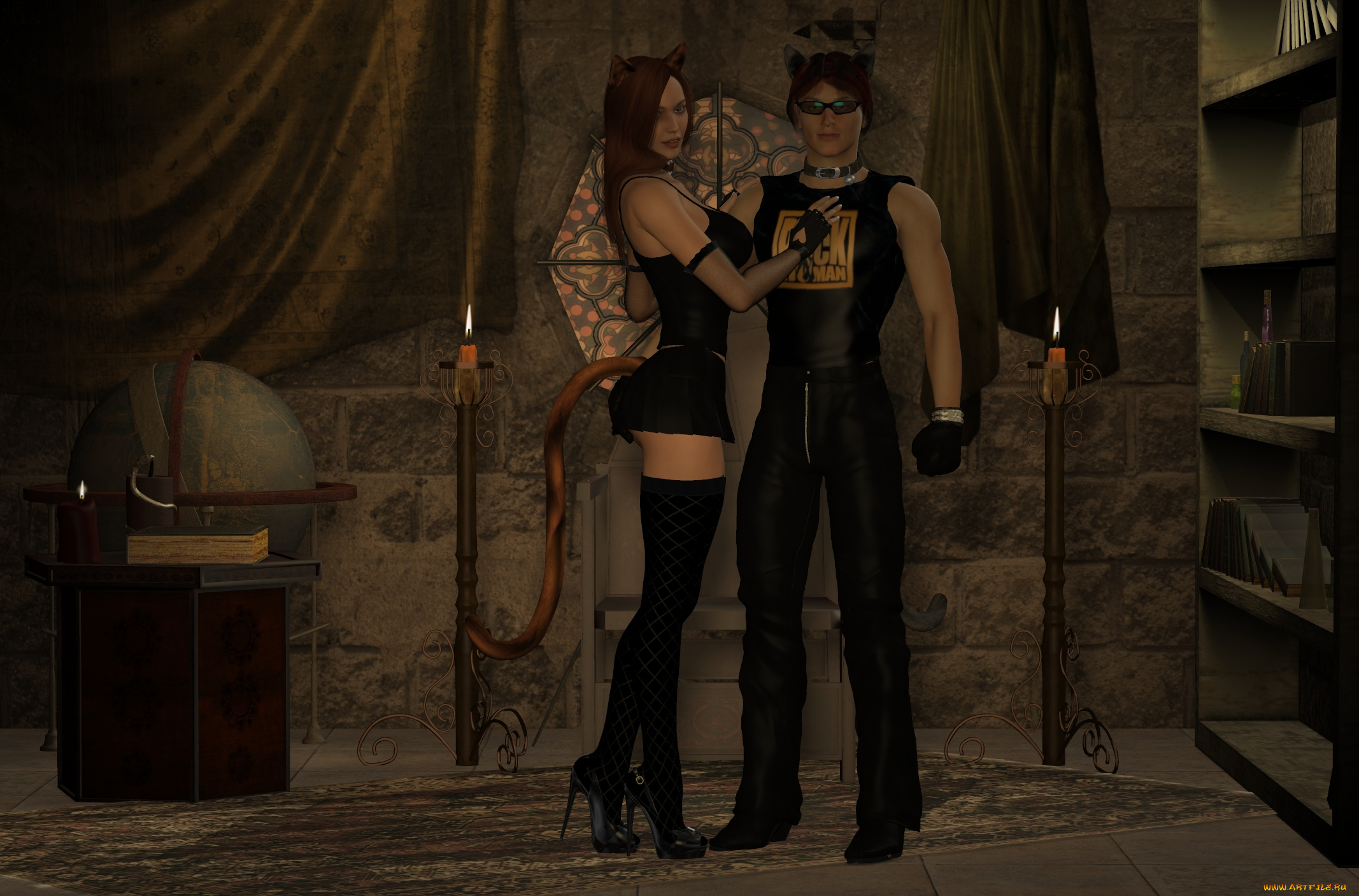 3д, графика, фантазия, , fantasy, девушка, взгляд, фон, кошка, хвост, парень