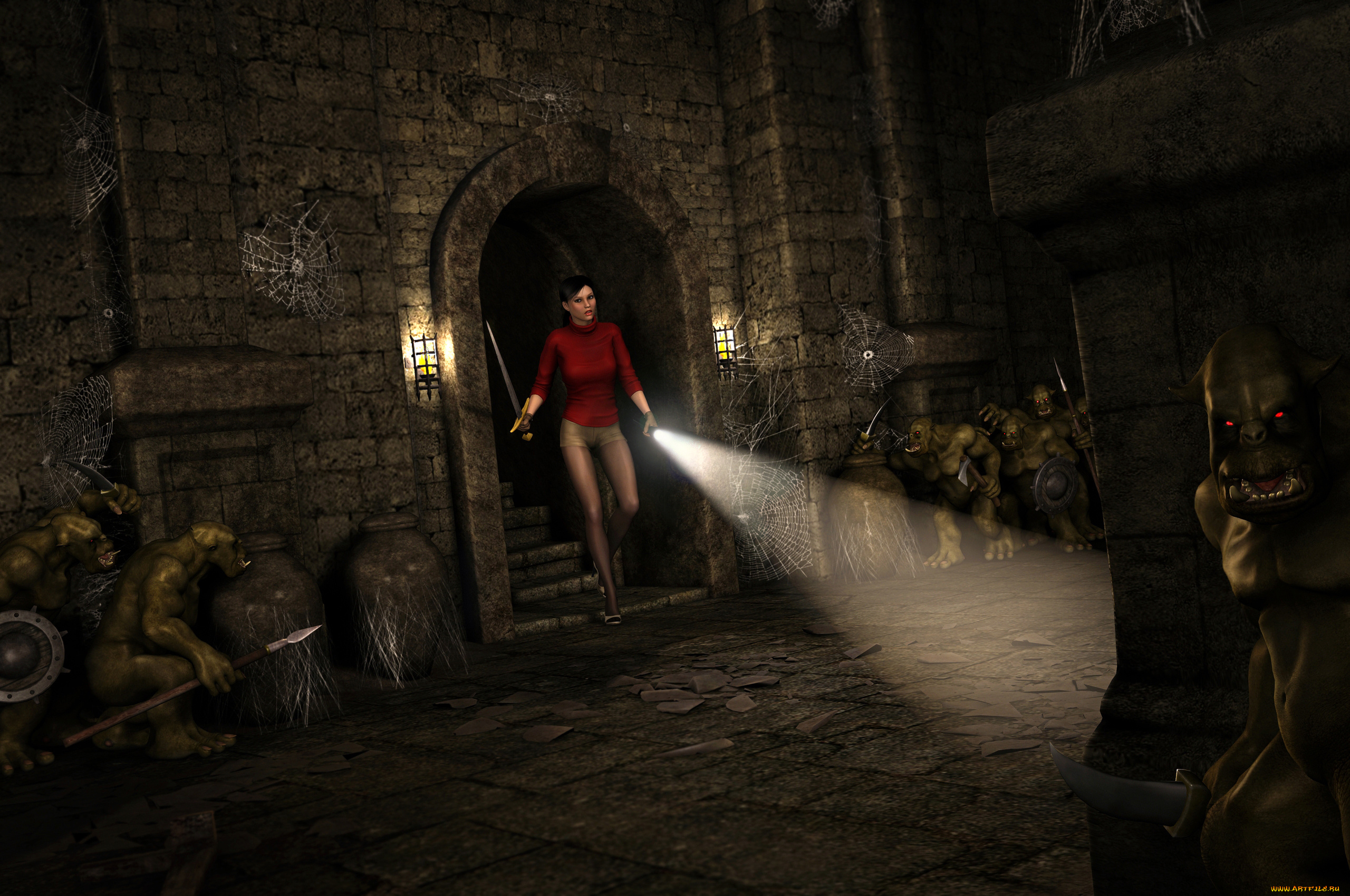 3д, графика, фантазия, , fantasy, взгляд, девушка, фонарик, оружие, фон, троли