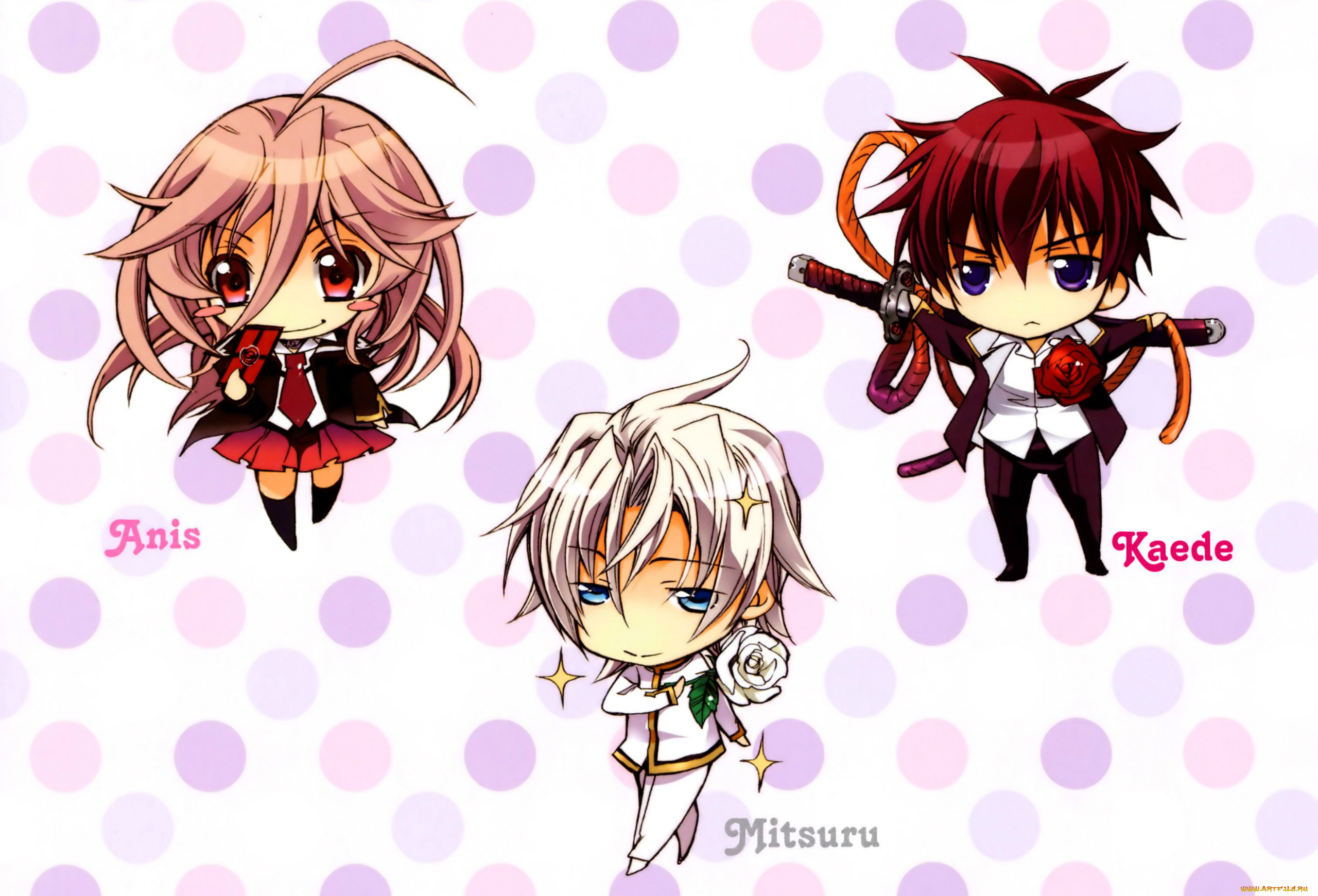 аниме, kiss, of, rose, princess, art, голубые, глаза, kiss, of, rose, princess, розовые, волосы, kaede, higa, anise, yumamoto, mitsuru, tenjoh, aya, shouoto, катана, аватары