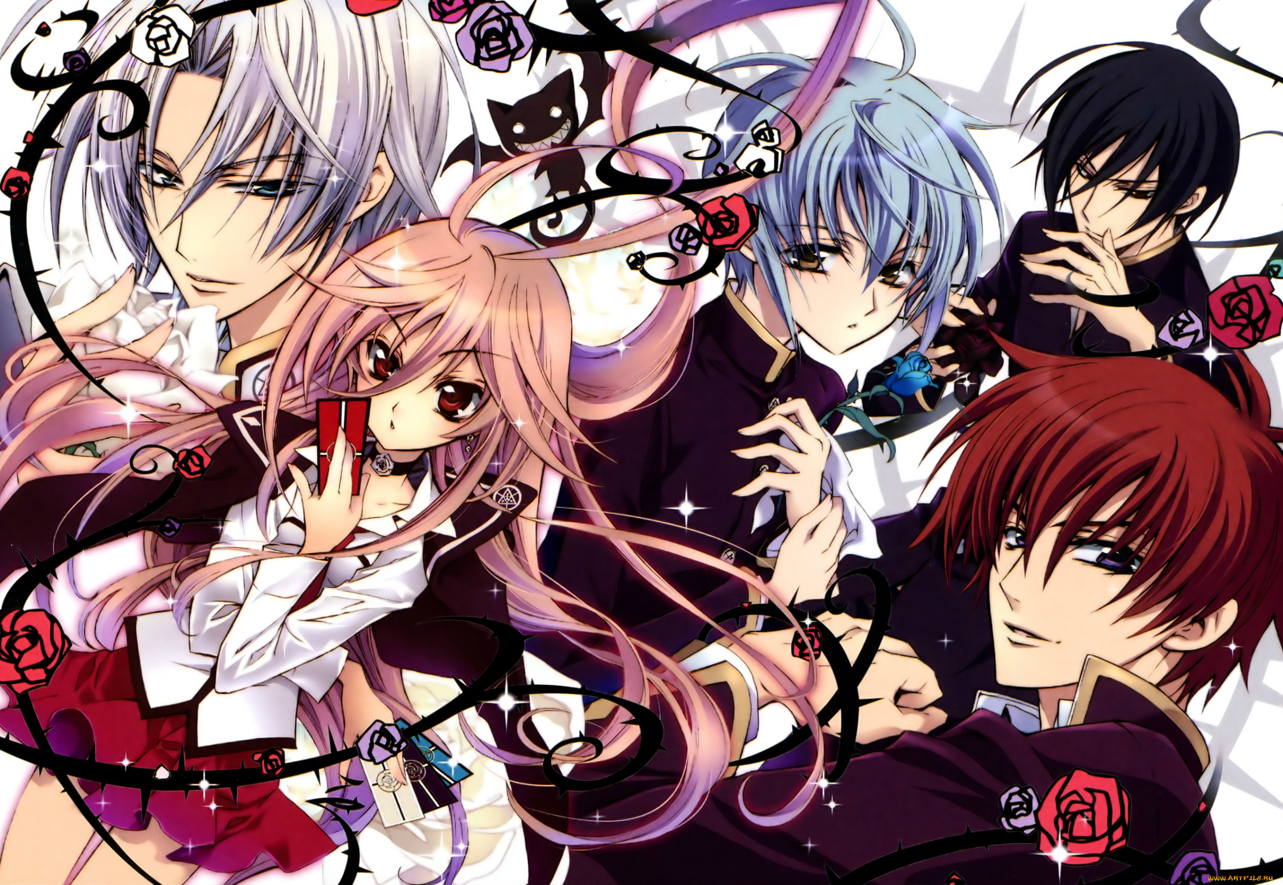 аниме, kiss, of, rose, princess, aya, shouoto, art, черный, котенок, seiran, asagi, mutsuki, kurama, mitsuru, tenjoh, anise, yumamoto, kiss, of, rose, princess, шипы, карточки, розы, kaede, higa