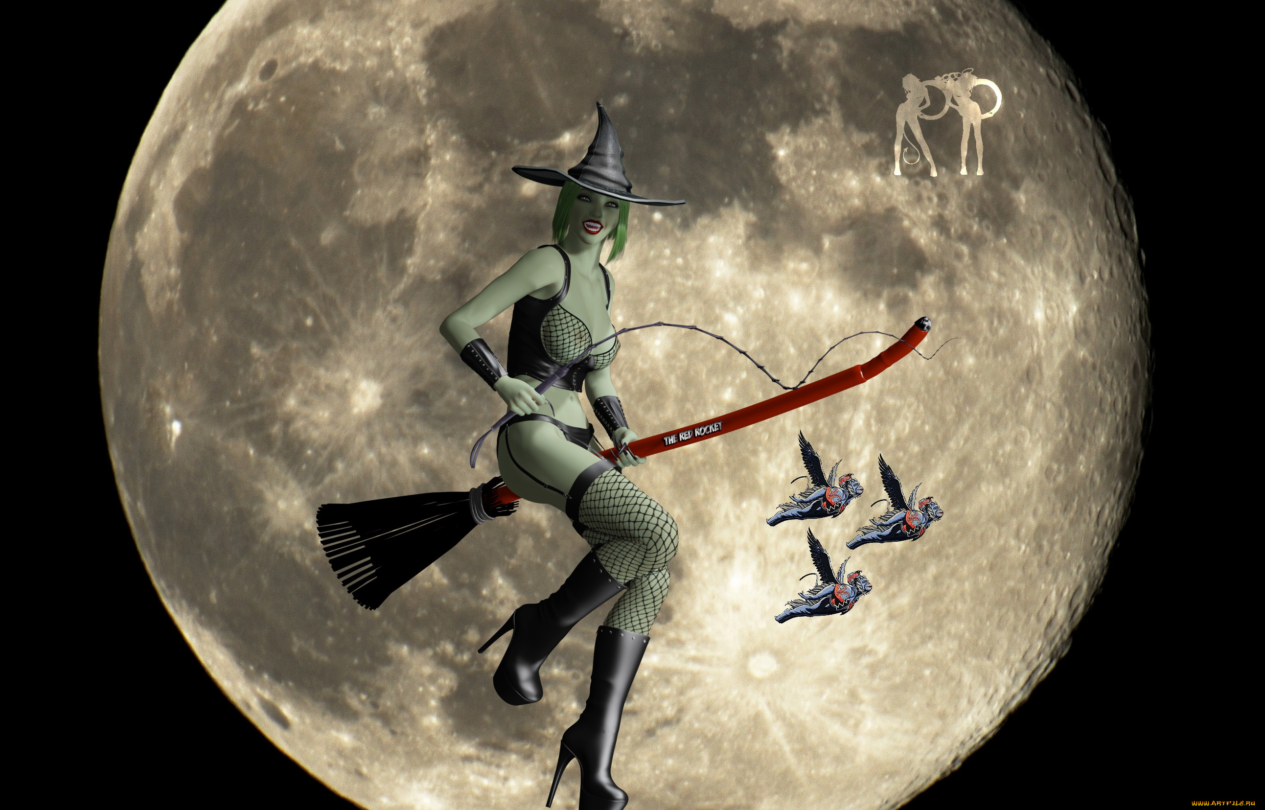 3д, графика, праздники, , holidays, метла, луна, ведьма