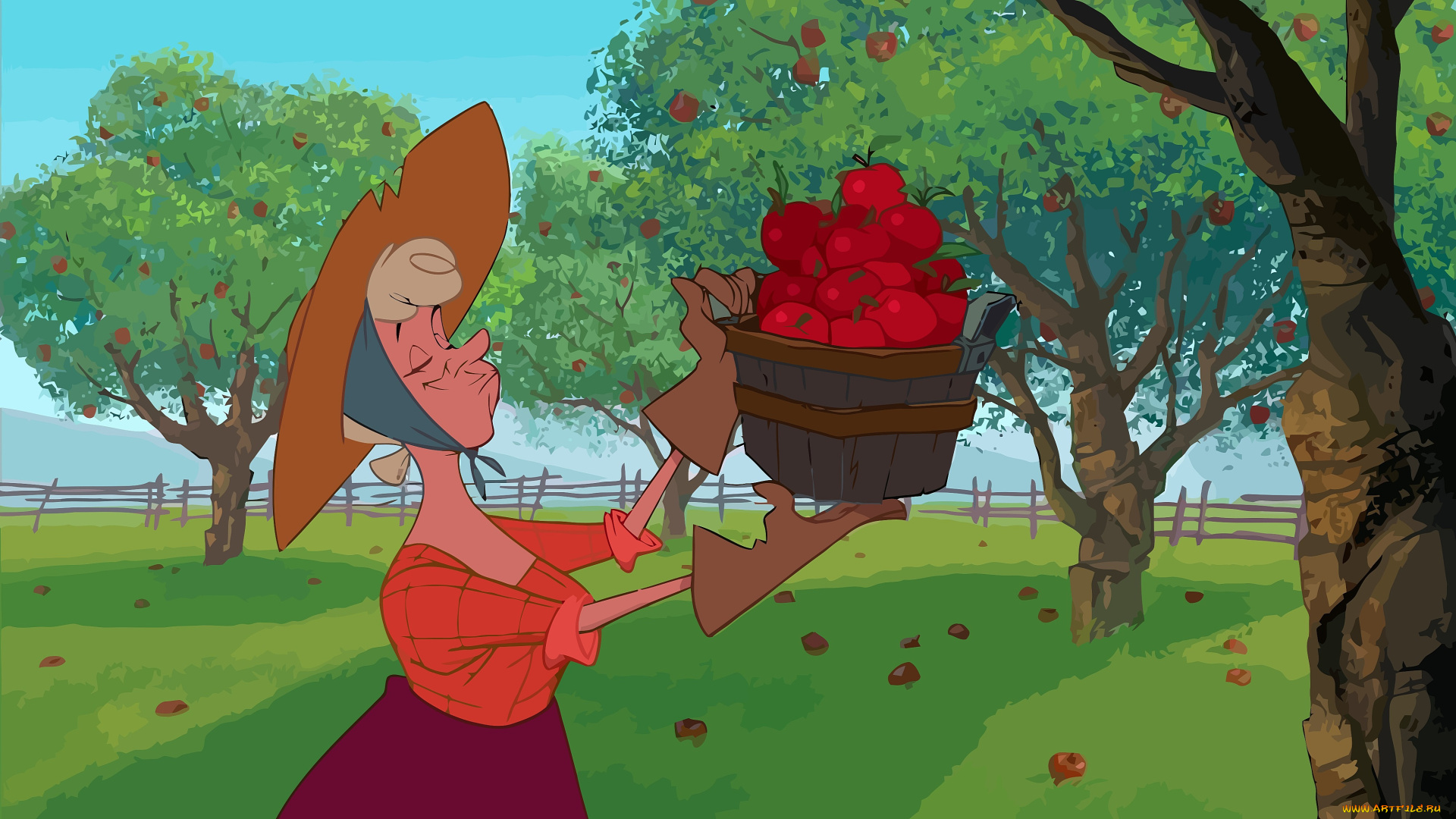 векторная, графика, мультфильмы, , cartoons, сад, ведро, яблоко, шляпа, женщина