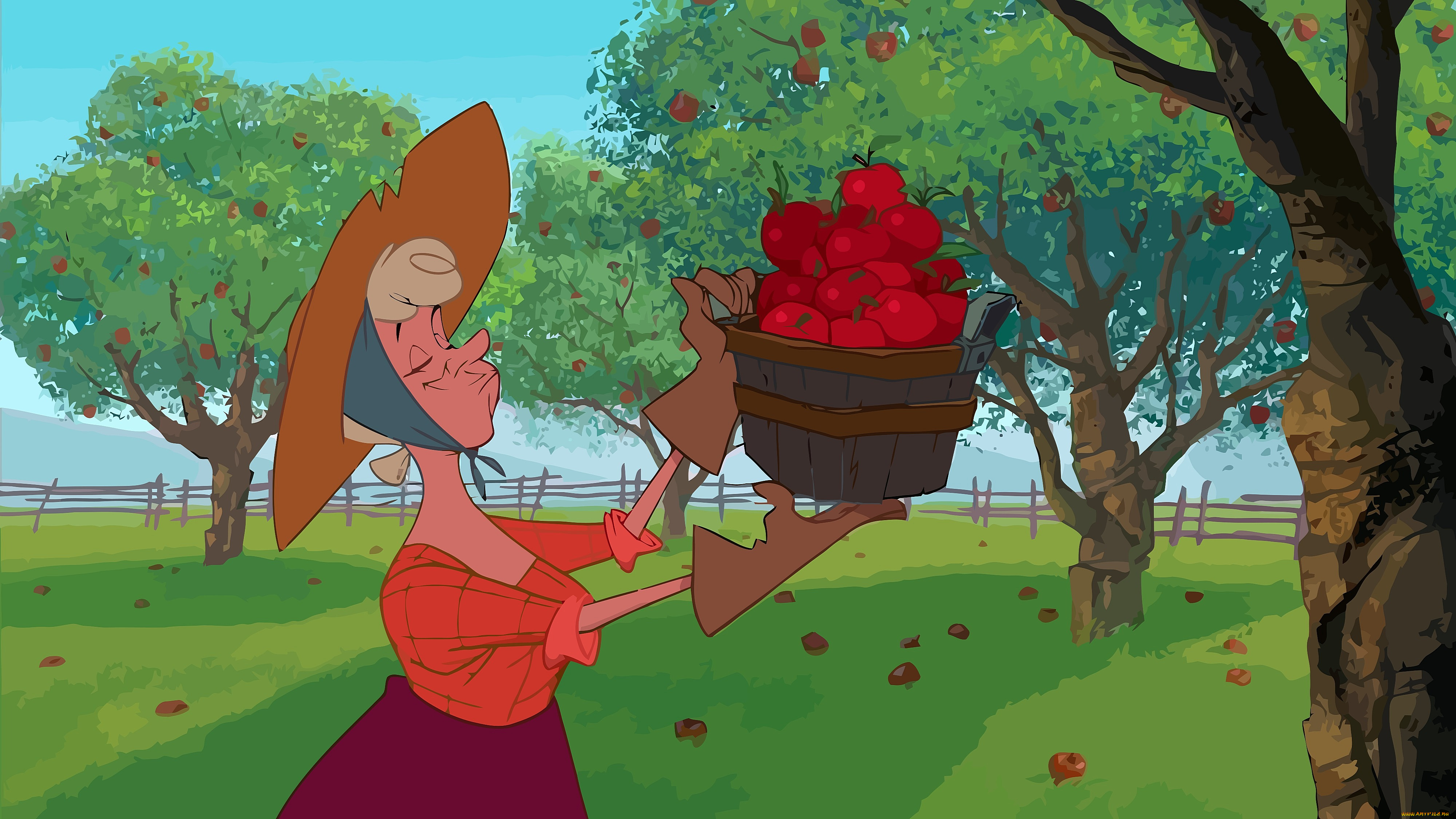 векторная, графика, мультфильмы, , cartoons, сад, ведро, яблоко, шляпа, женщина