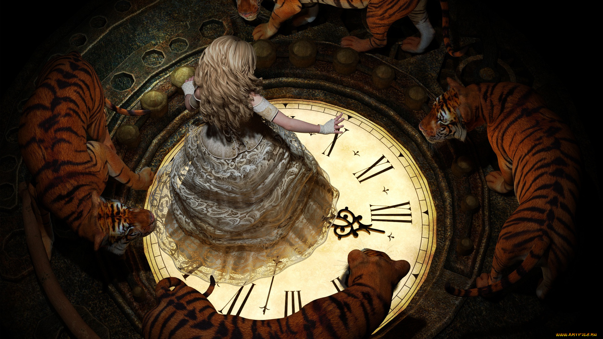 3д, графика, люди, и, животные, , people, and, animals, блондинкa, lee, mccall, белое, пламя, в, темноте, заклинание, по, кругу, тигры, колдунья, art, циферблат, кружева