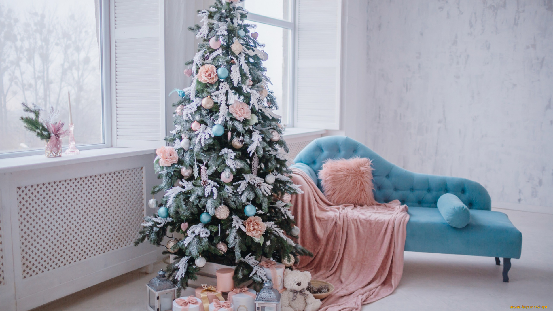 праздничные, Ёлки, комната, елка, диван, украшение
