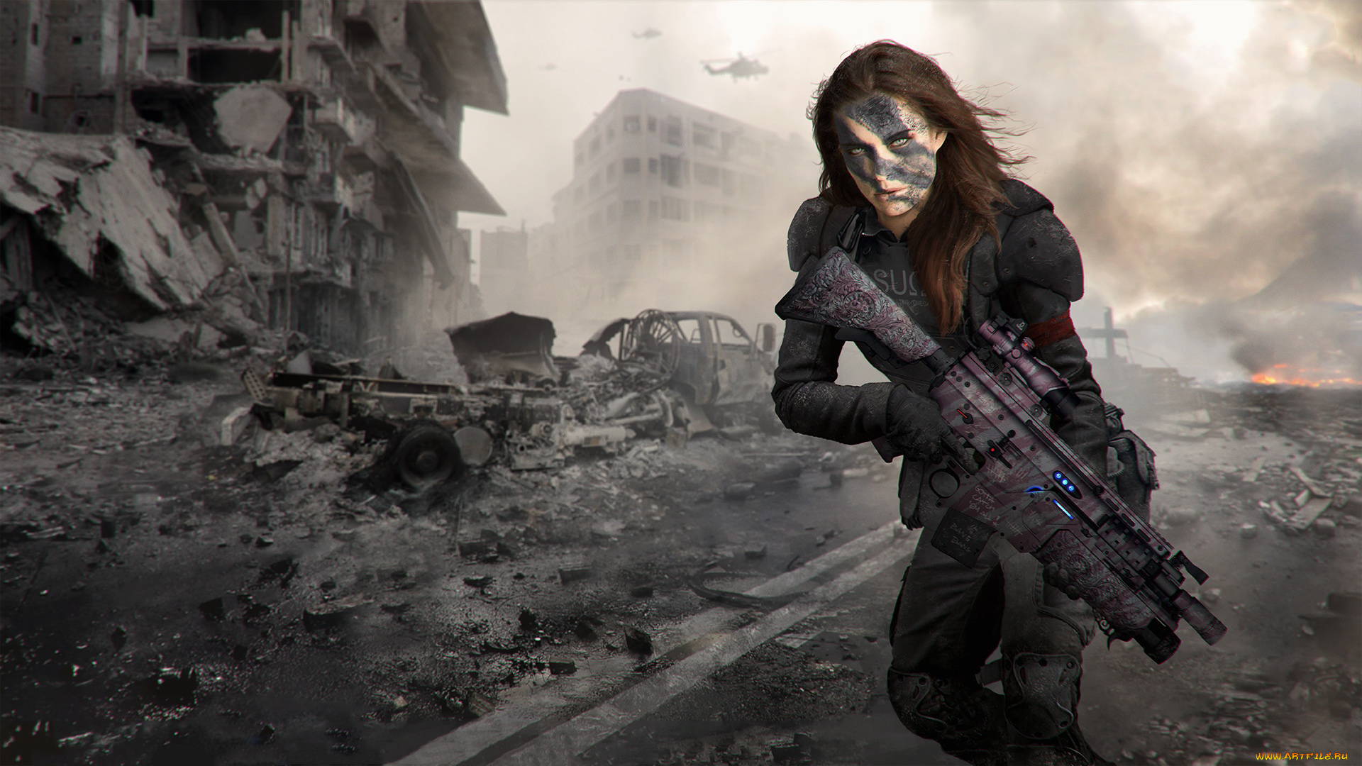 3д, графика, армия, , military, раскрасска, дом, автомат, форма, фон, девушка