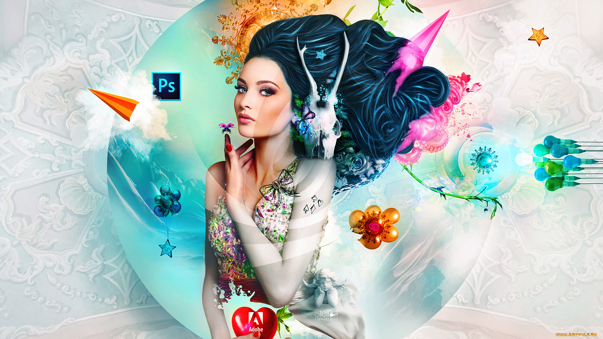 компьютеры, adobe, девушка, фон, взгляд, программы