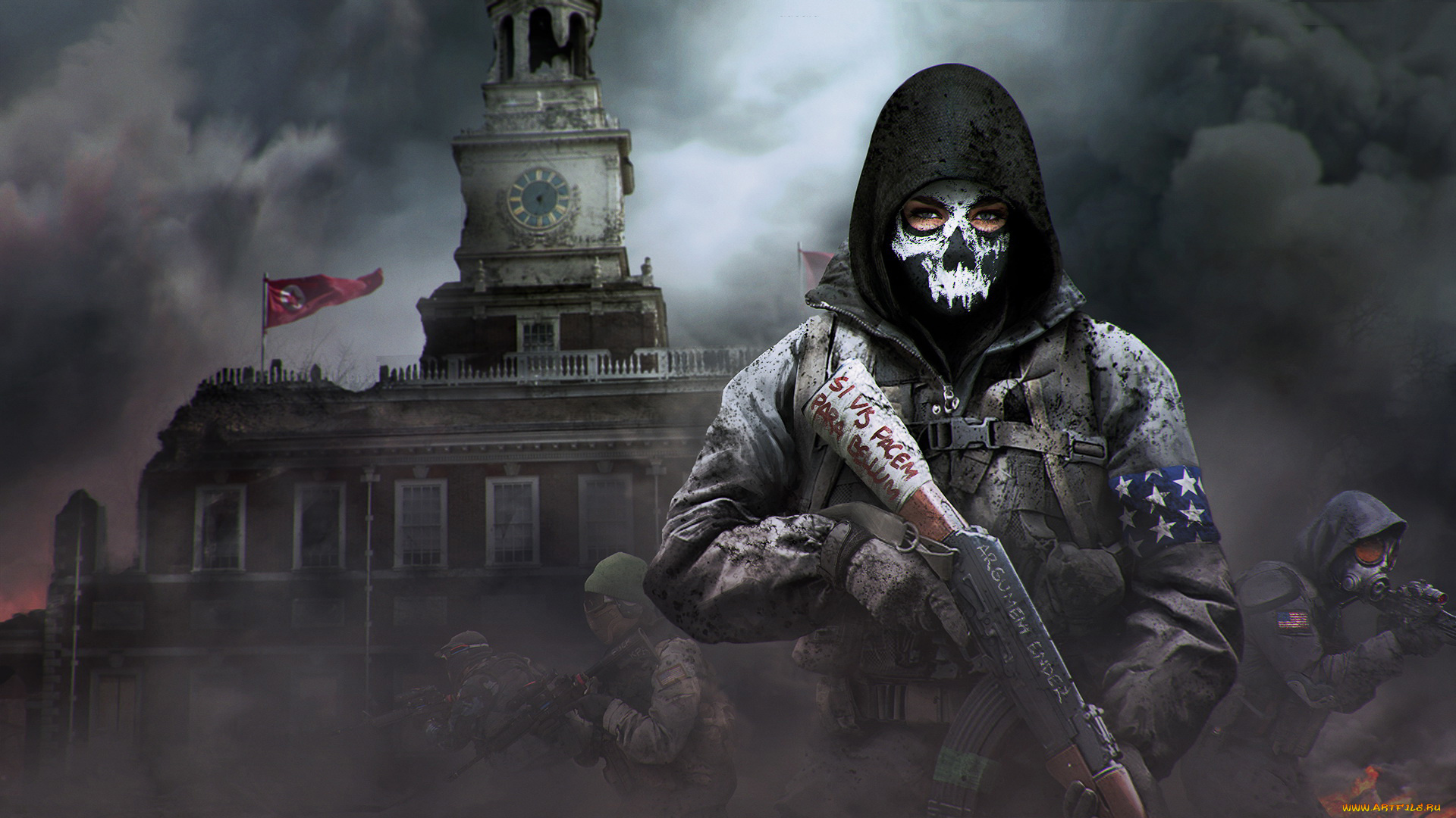 видео, игры, homefront, , the, revolution, мужчина, фон, взгляд, маска, автомат, дом