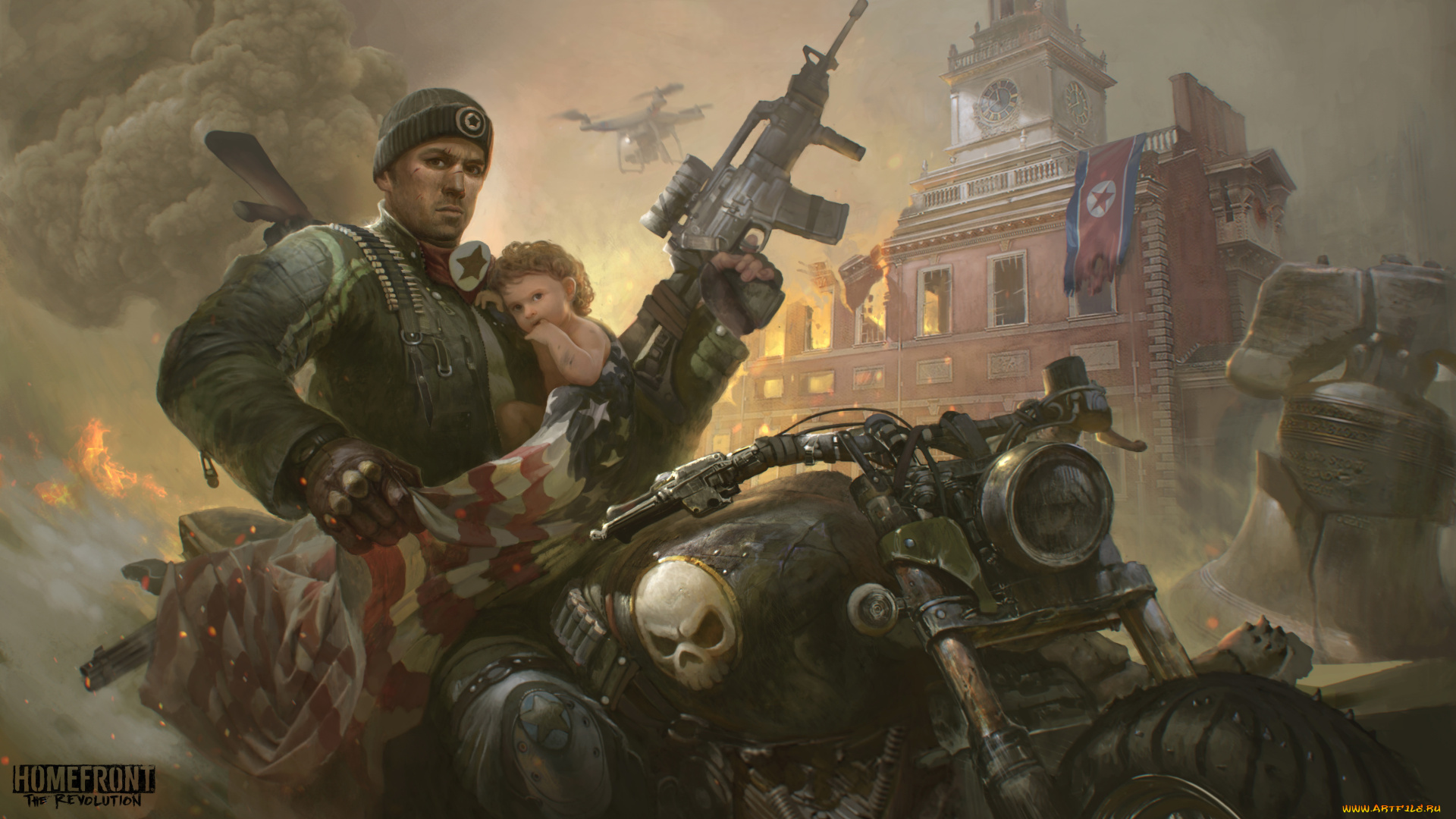 видео, игры, homefront, , the, revolution, мужчина, ребенок, фон, взгляд, мотоцикл, дом, униформа, автомат