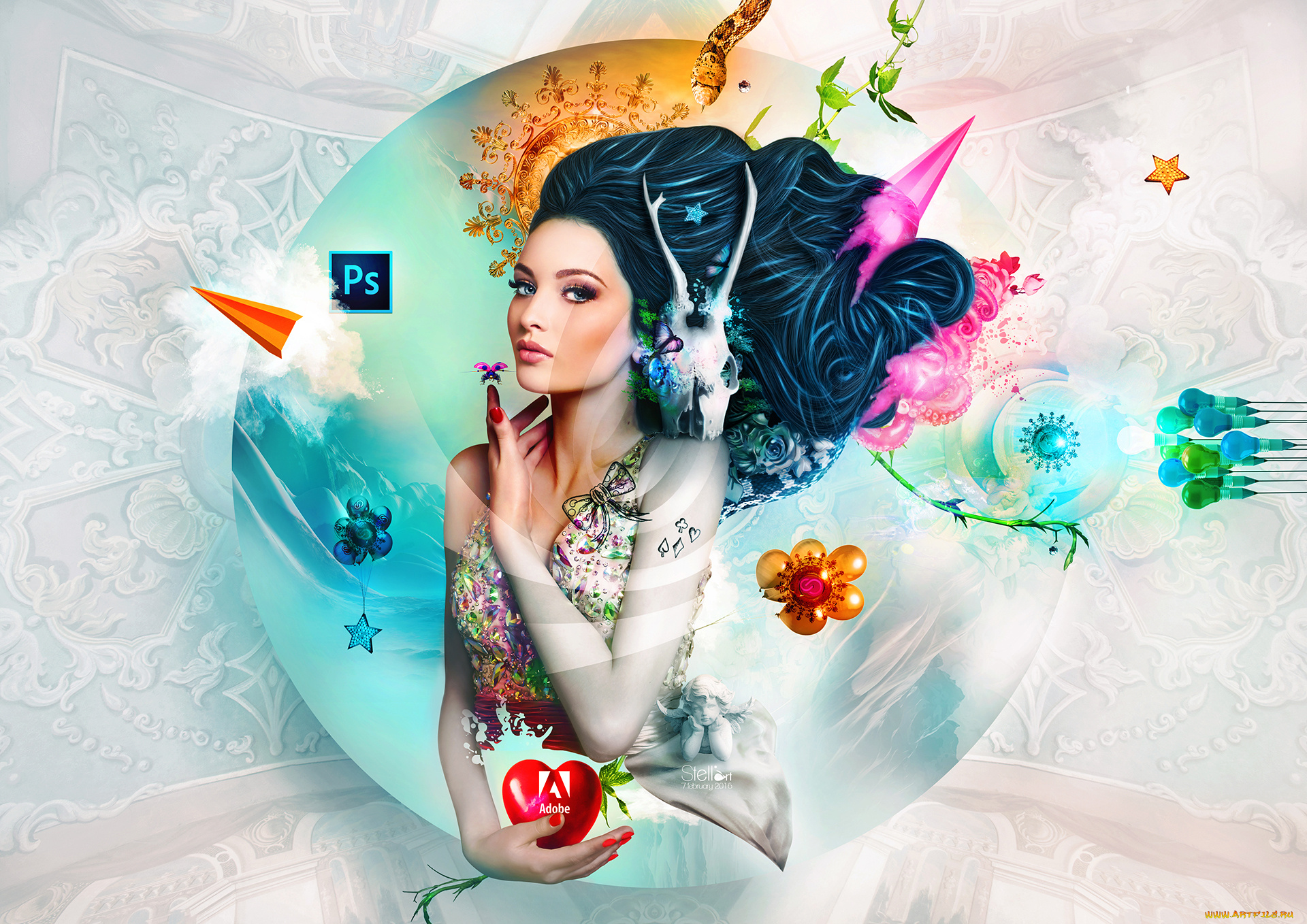 компьютеры, adobe, девушка, фон, взгляд, программы