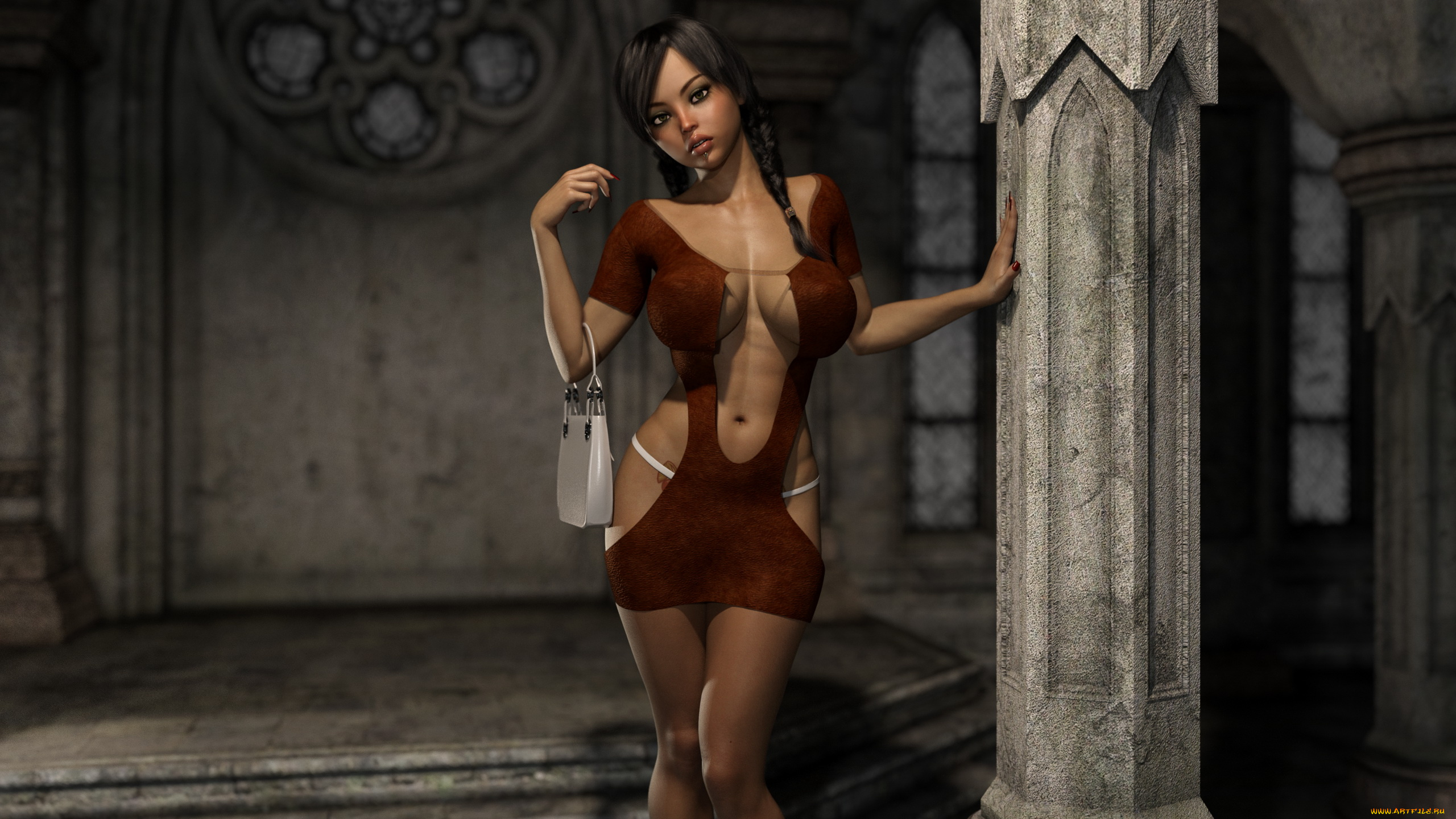 3д, графика, люди, , people, девушка, фон, взгляд, платье, колонна, пирсинг