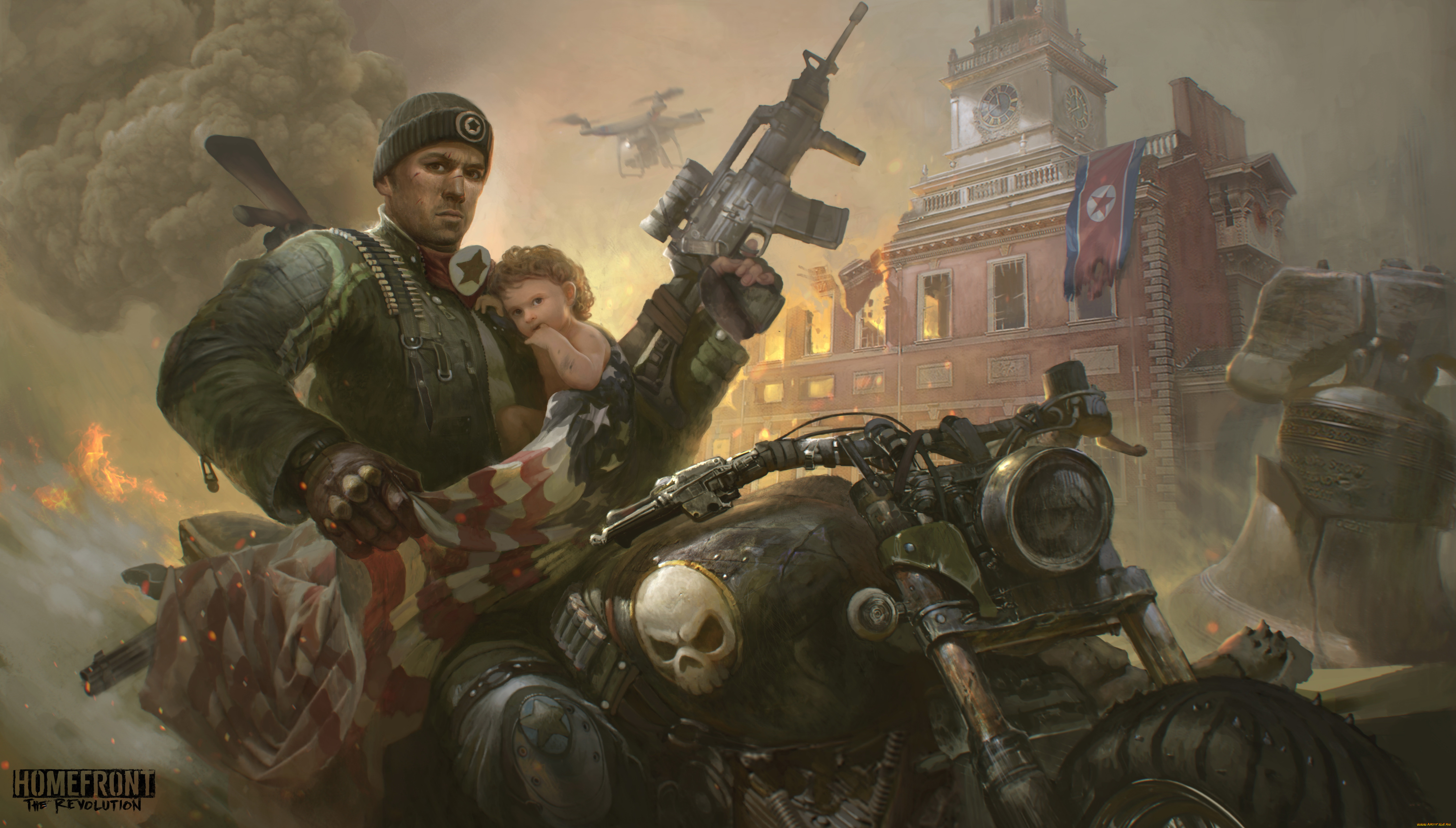 видео, игры, homefront, , the, revolution, мужчина, ребенок, фон, взгляд, мотоцикл, дом, униформа, автомат