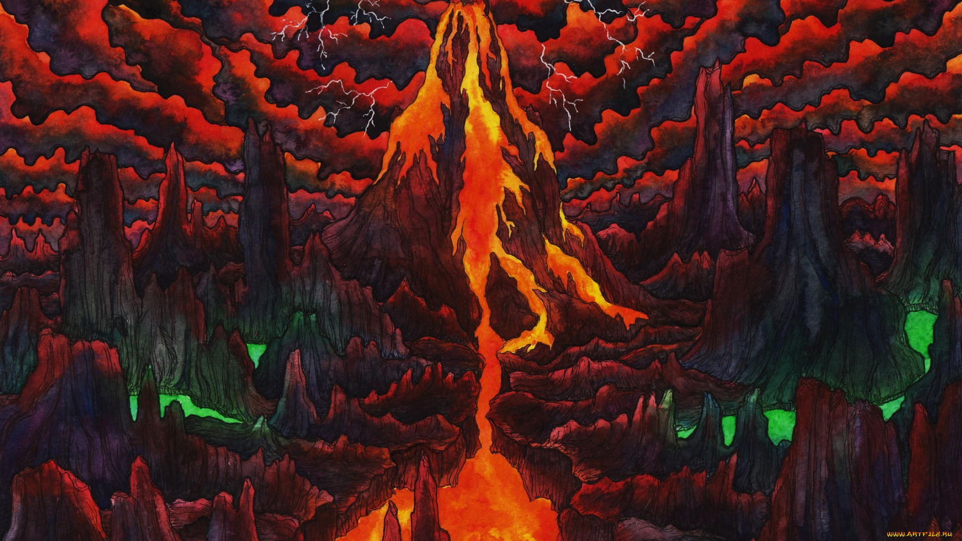 фэнтези, пейзажи, вулкан, скалы, лава, извержение, тучи