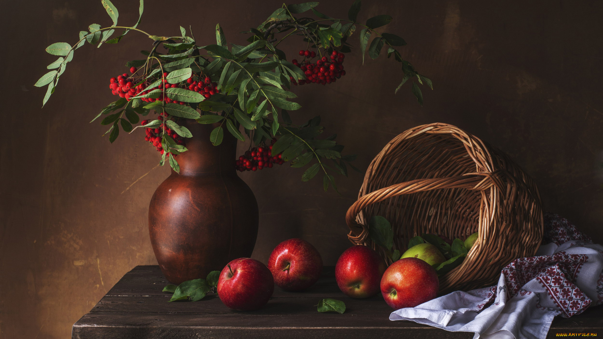 еда, яблоки, ваза, рябина, крзинка, салфета