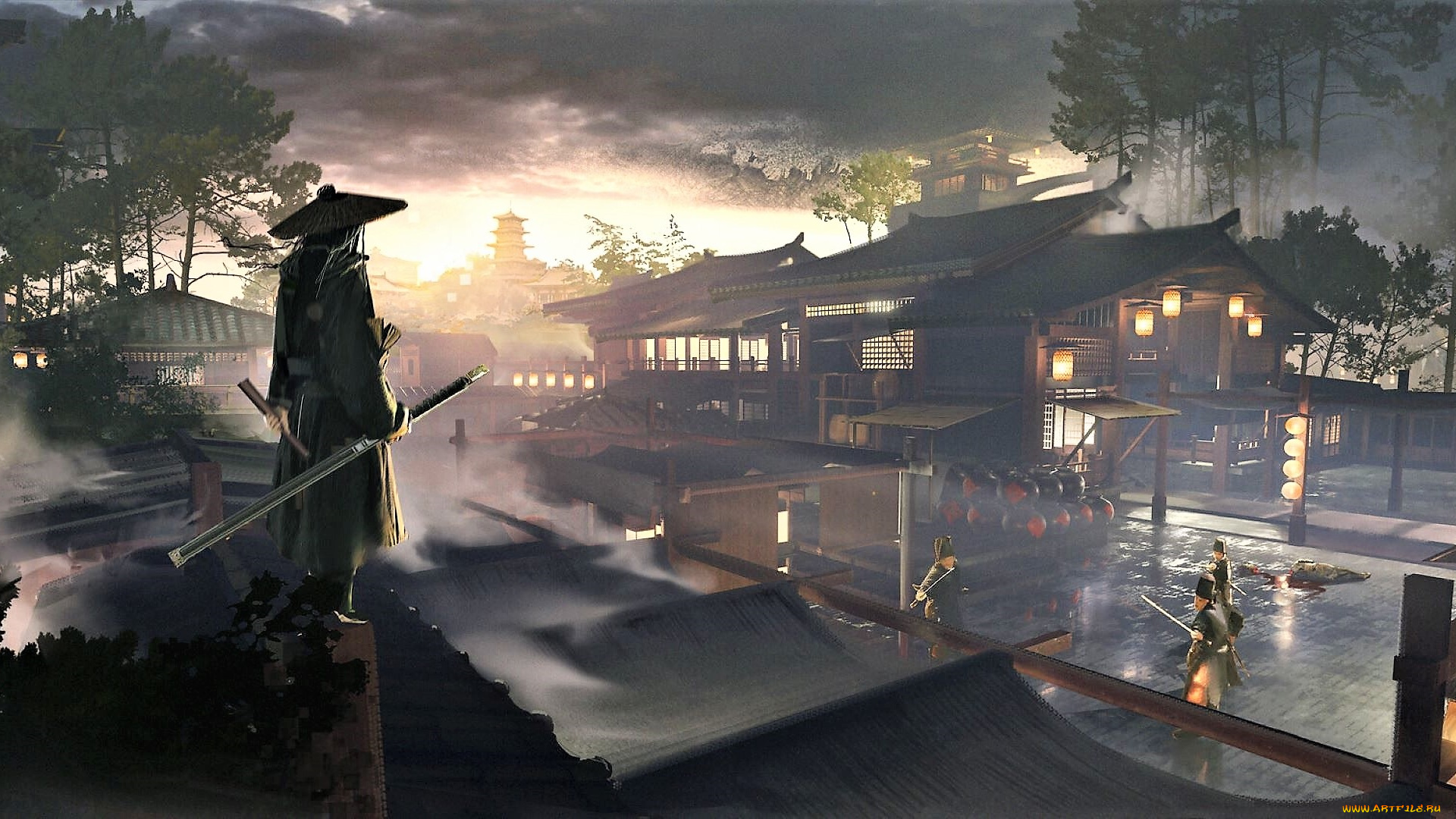 рисованное, города, воины, город, вечер, огни