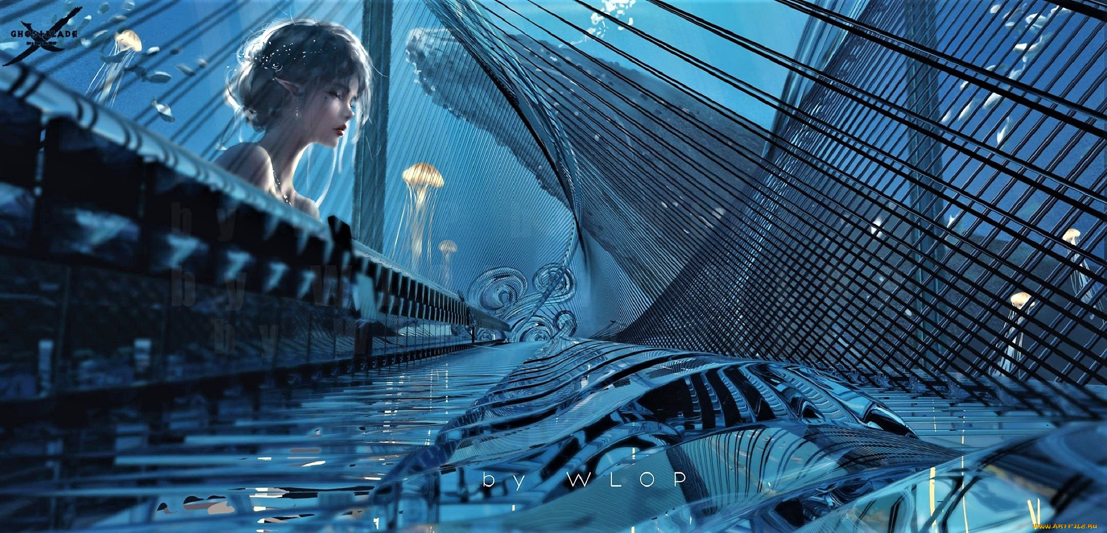 фэнтези, _ghost, blade, , , призрачный, клинок, девушка, эльфийка, рояль