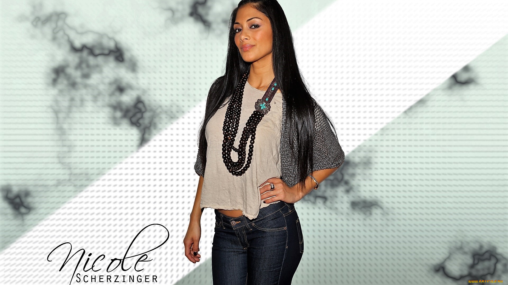 девушки, nicole, scherzinger, брюнетка, туника, джинсы, бусы