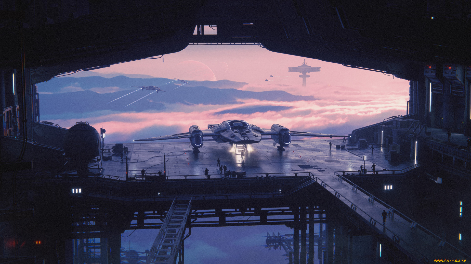 фэнтези, космические, корабли, , звездолеты, , станции, произведение, искусства, цифровое, искусство, транспортное, средство, футуристический, ангар, облака, космический, корабль, mauger, baptiste