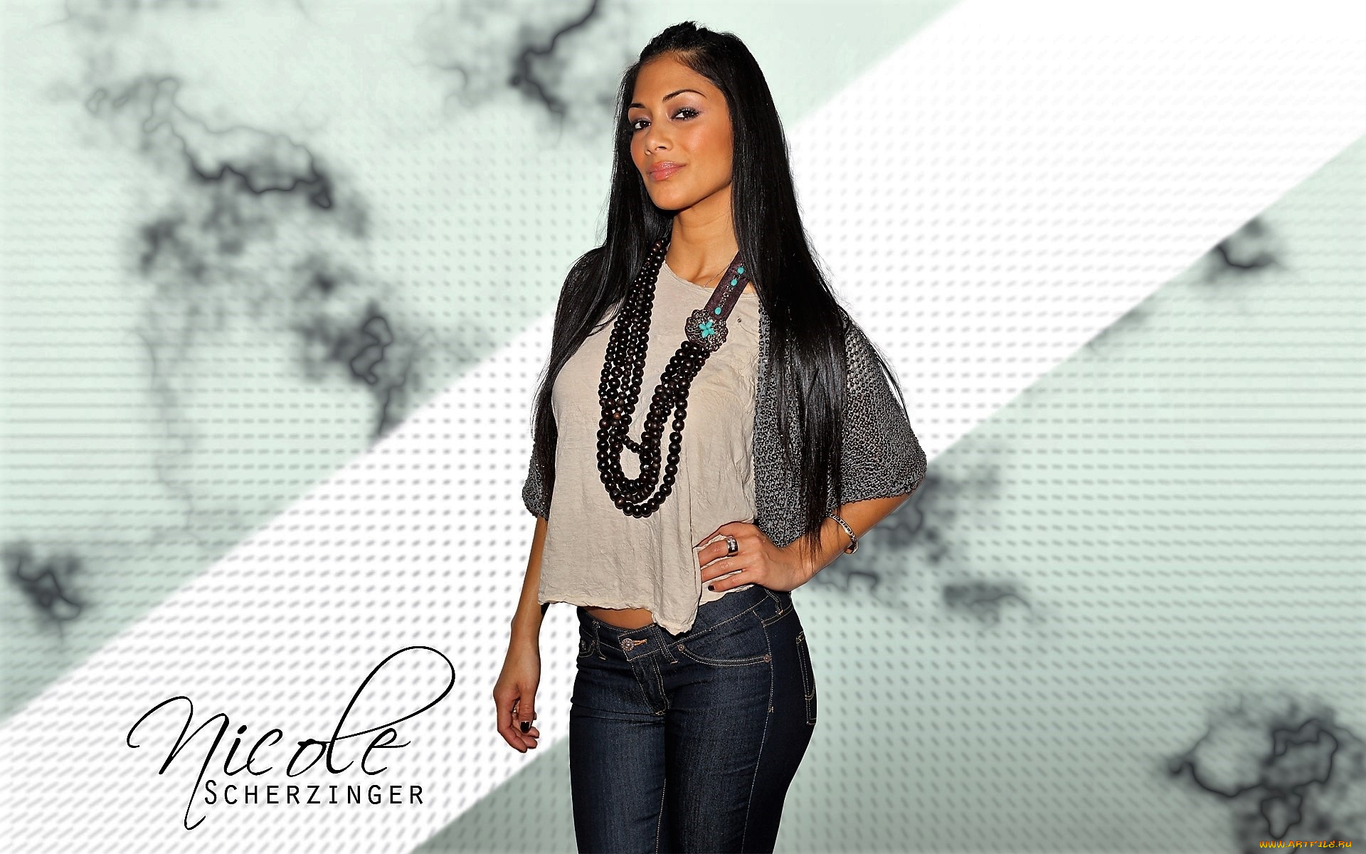девушки, nicole, scherzinger, брюнетка, туника, джинсы, бусы