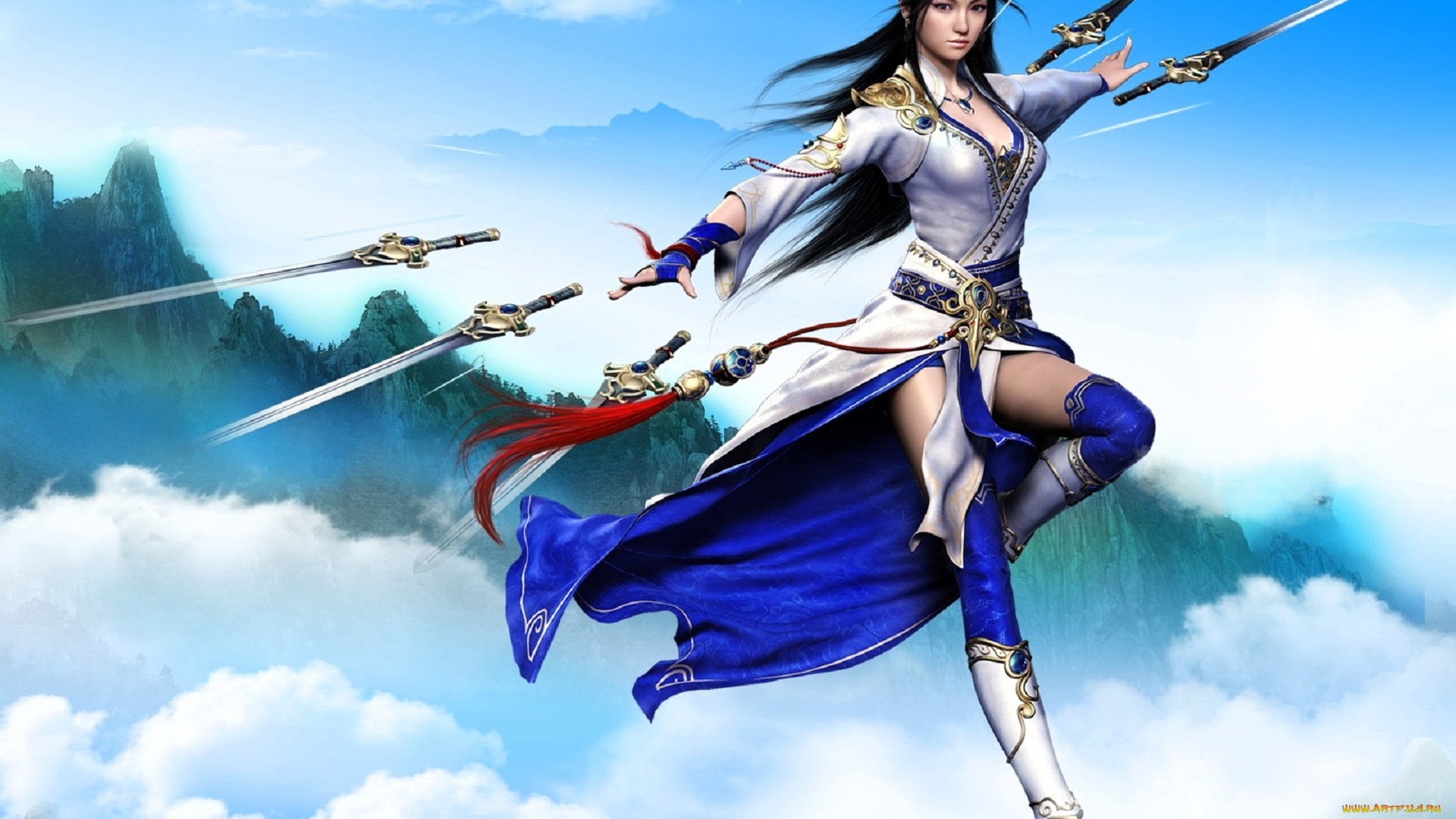 видео, игры, nine, communities, девушка, мечи, горы, облака