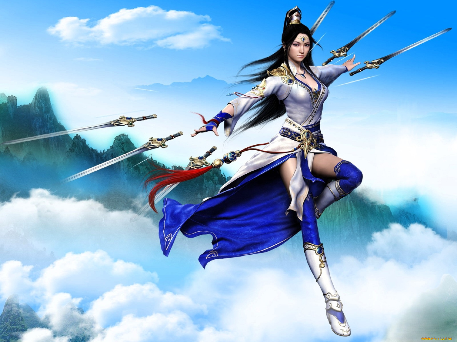 видео, игры, nine, communities, девушка, мечи, горы, облака