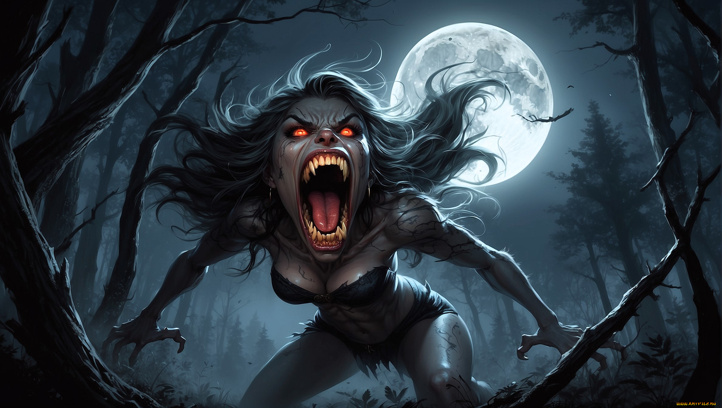 фэнтези, оборотни, женщина, оборотень, крик, луна, лес