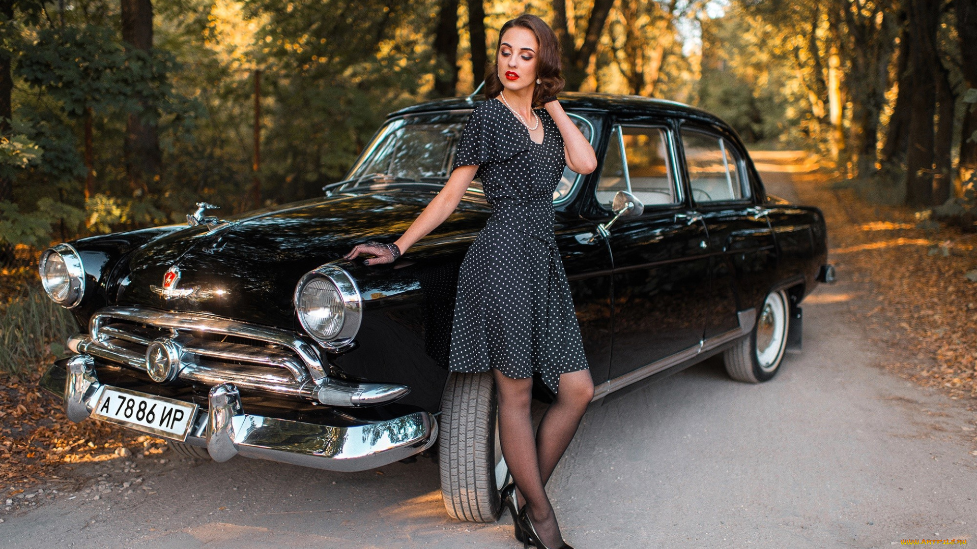 автомобили, -авто, с, девушками, шатенка, платье, колготки, туфли, машина, черная, волга, лес, осень, деревья, дорога
