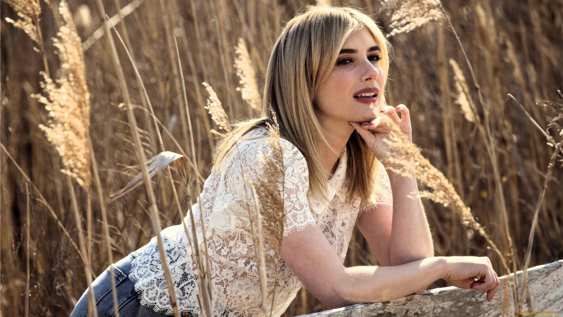 девушки, emma, roberts, блондинка, топ, джинсы, трава, колоски