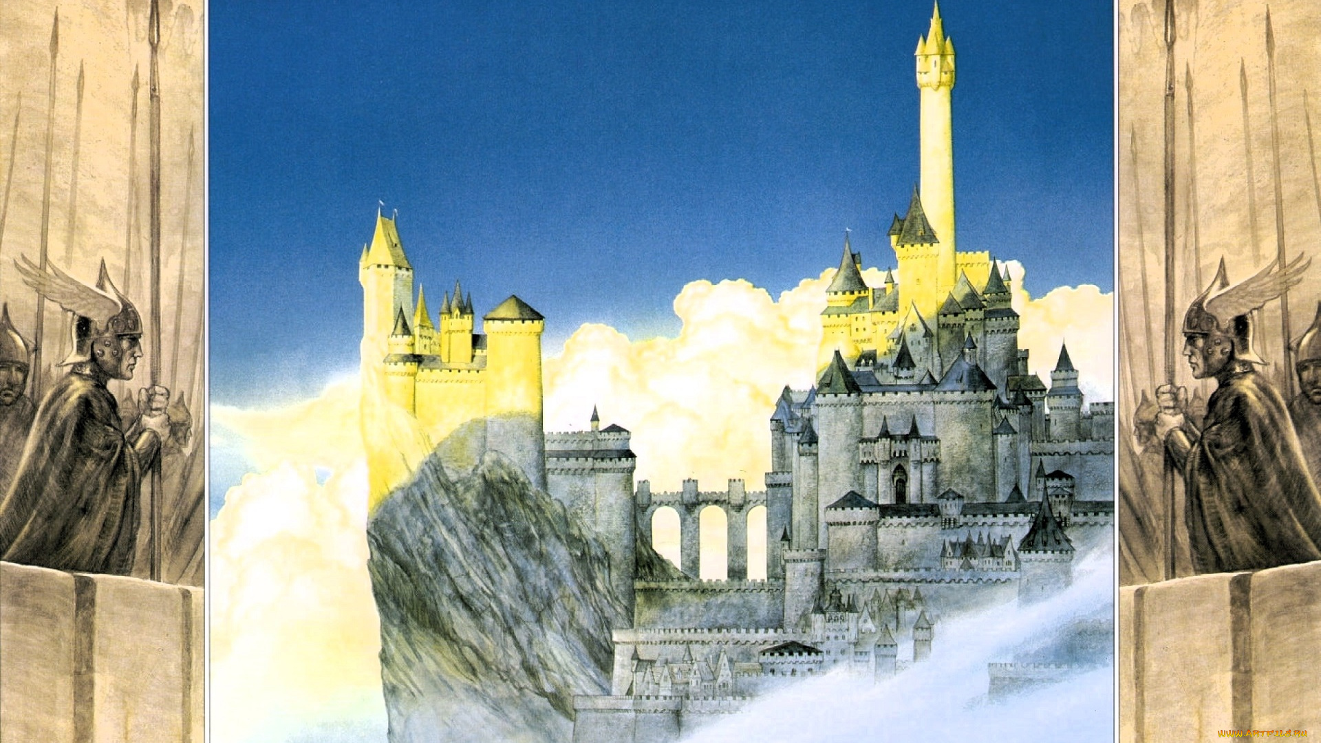 фэнтези, _lord, of, the, rings, крепость, башни, облака, воины