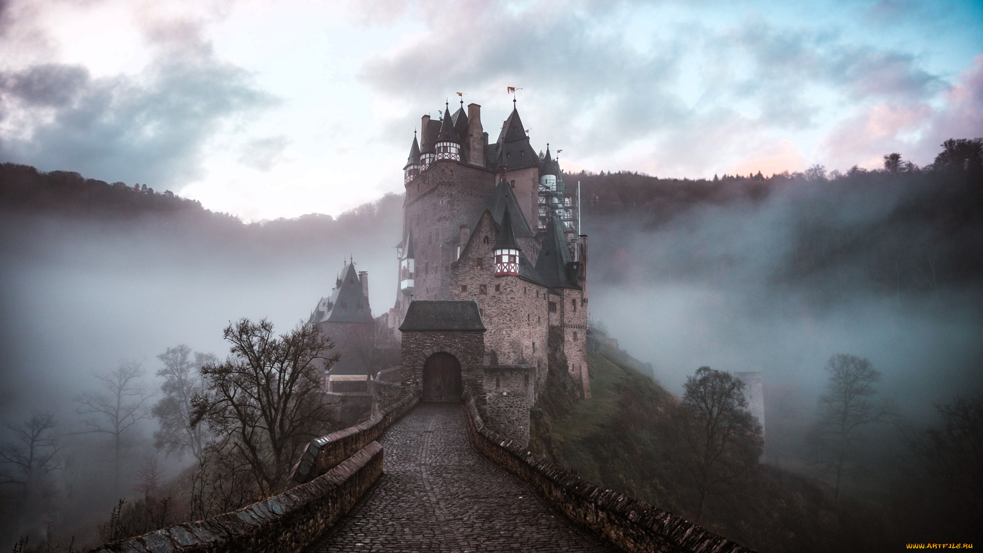 города, замок, эльц, , германия, тучи, туман, горы, замок, дорога, мост, деревья