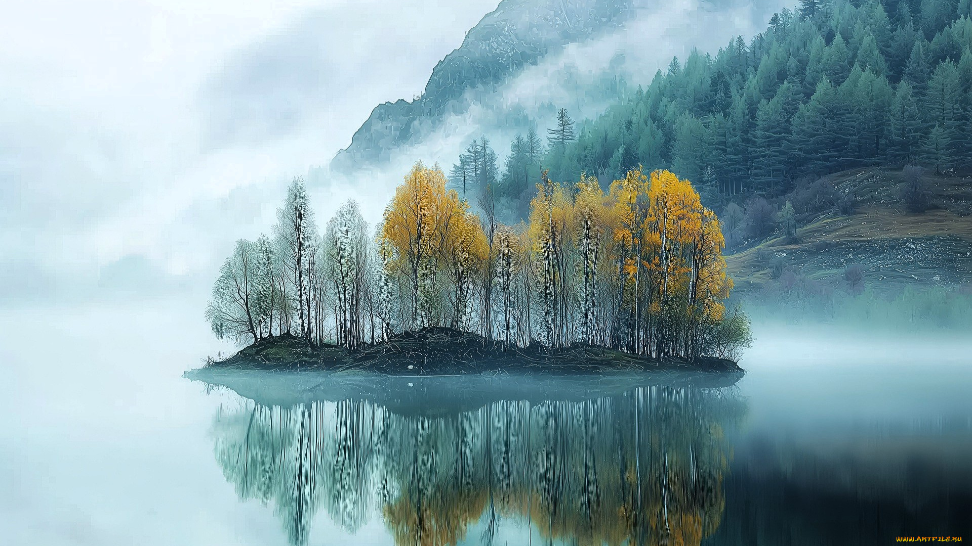 разное, компьютерный, дизайн, горы, туман, лес, осень, озеро, остров