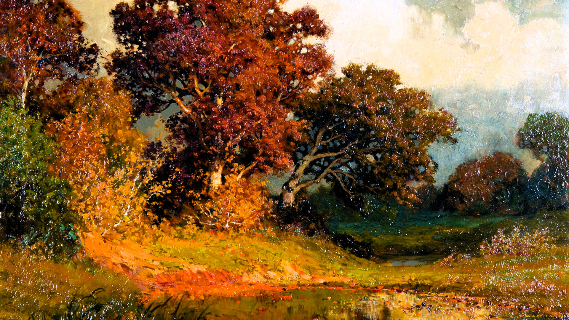 рисованное, alois, arnegger, деревья, лес, пруд, осень, листья