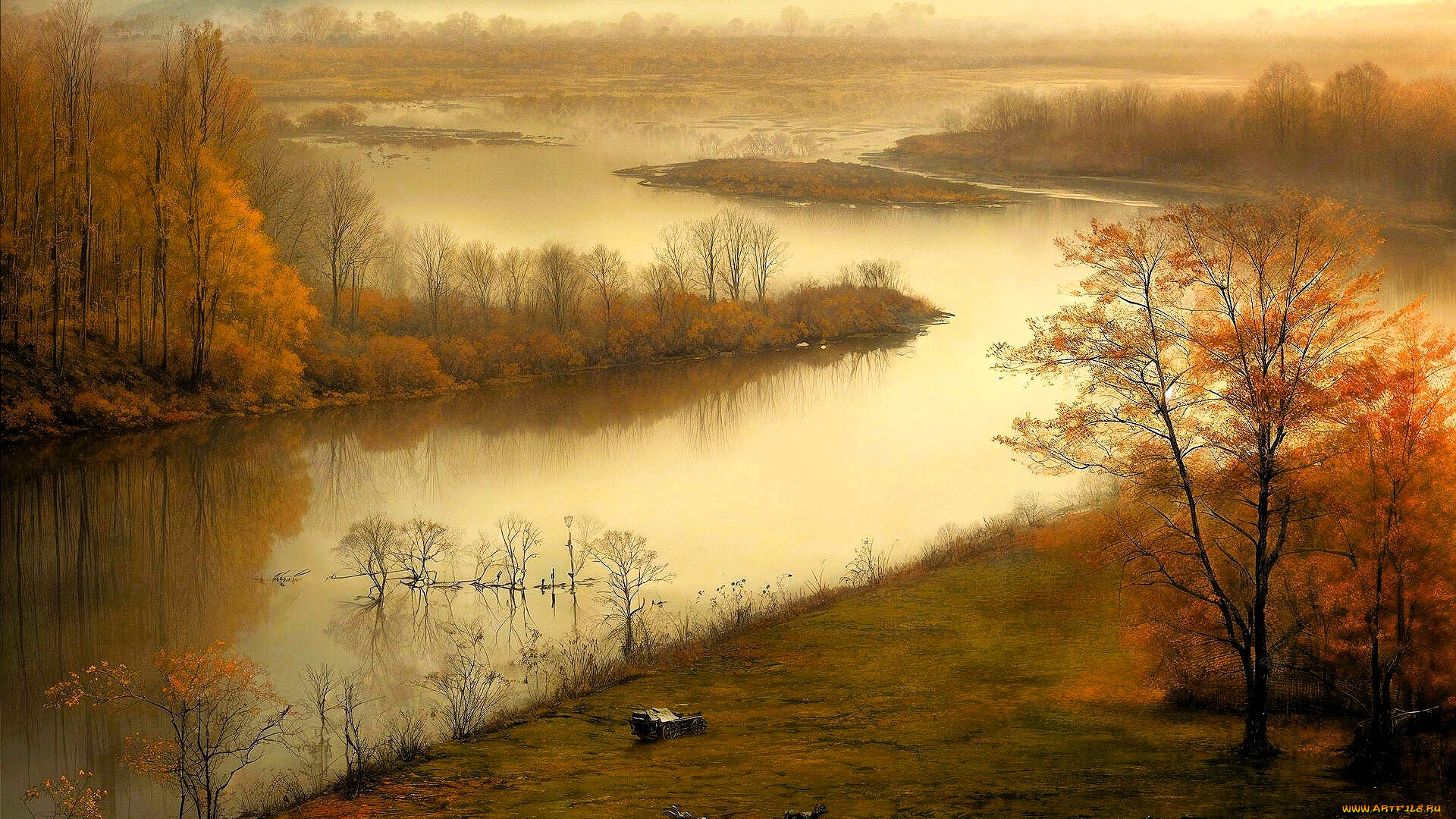 рисованное, природа, река, лес, осень, туман