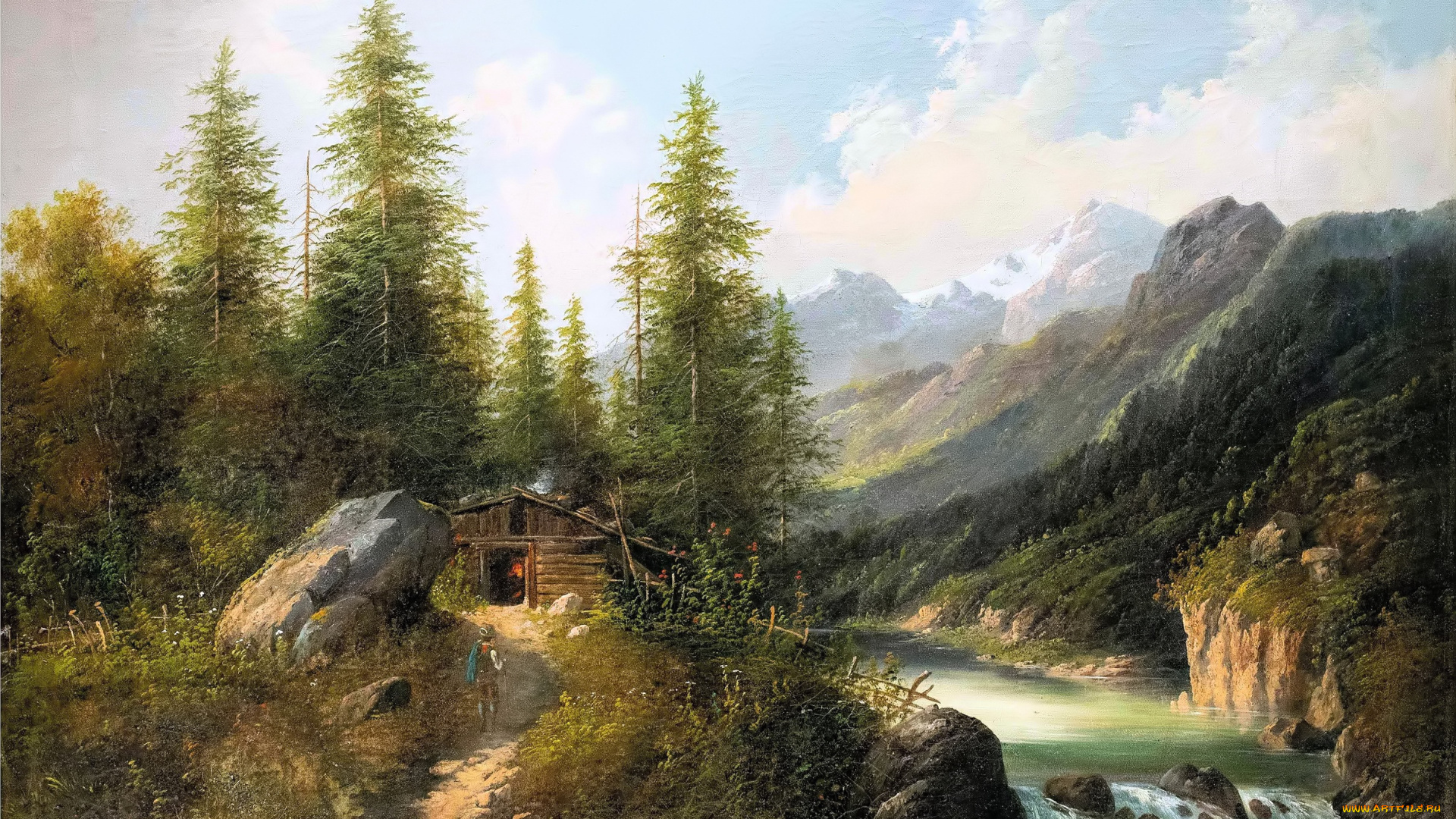 рисованное, живопись, лес, деревья, изба, река, горы, трава, тропа, камень