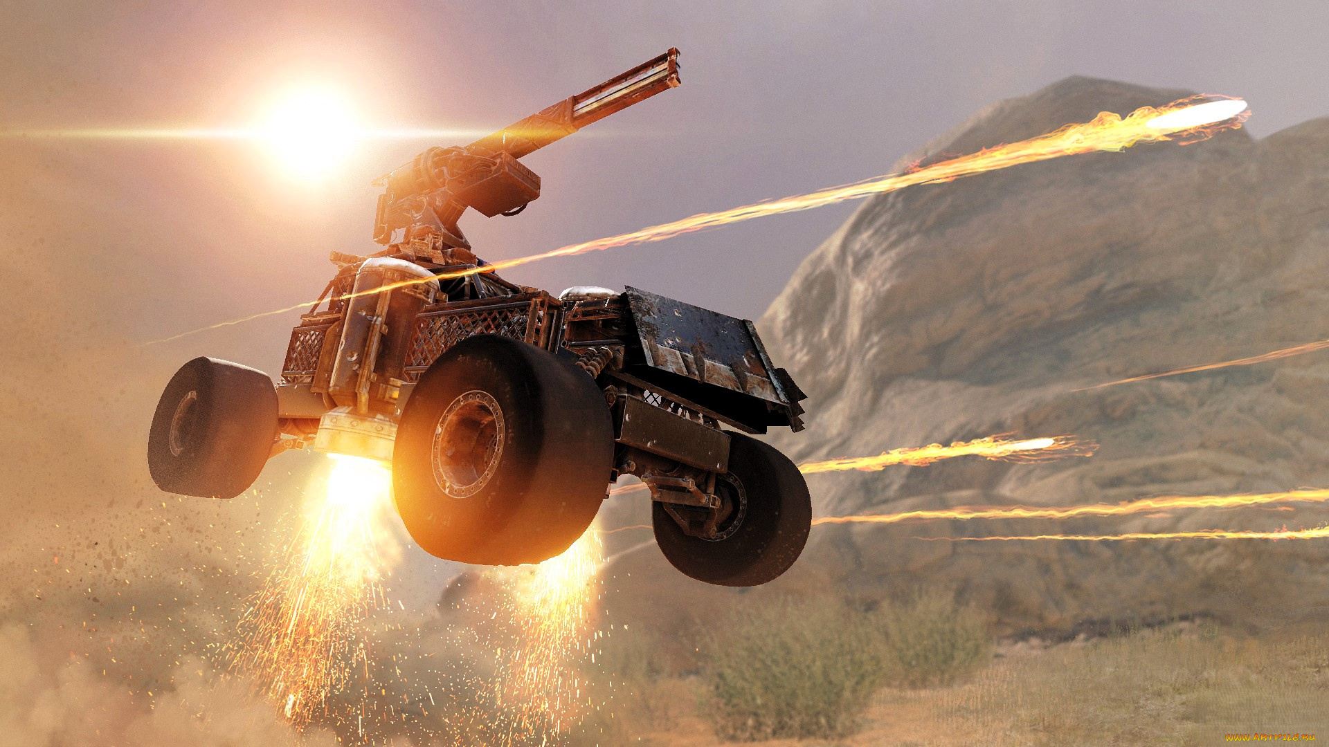 видео, игры, crossout, машина, техника, оружие, выстрелы, прыжок, горы, искры