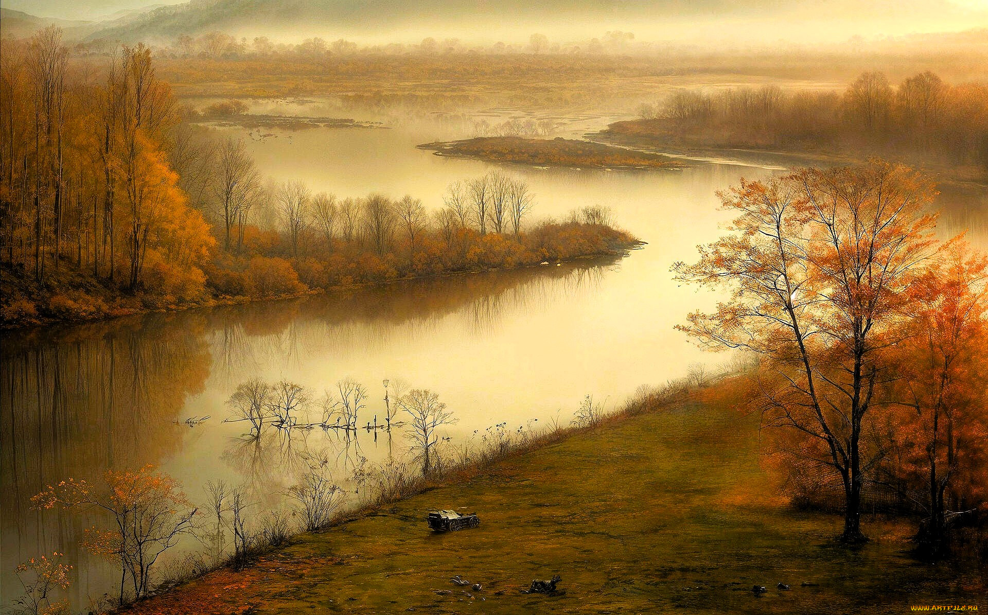 рисованное, природа, река, лес, осень, туман