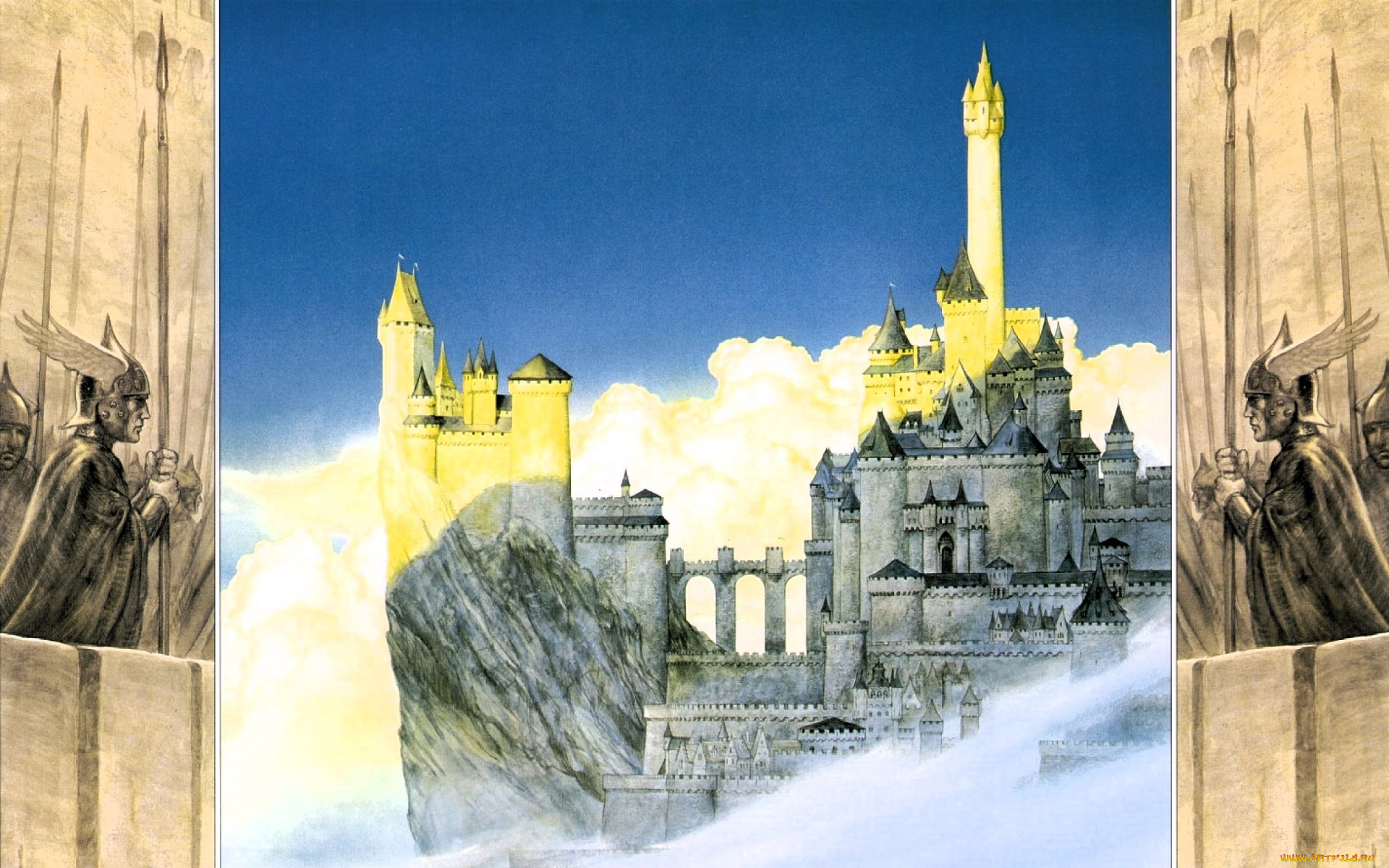 фэнтези, _lord, of, the, rings, крепость, башни, облака, воины