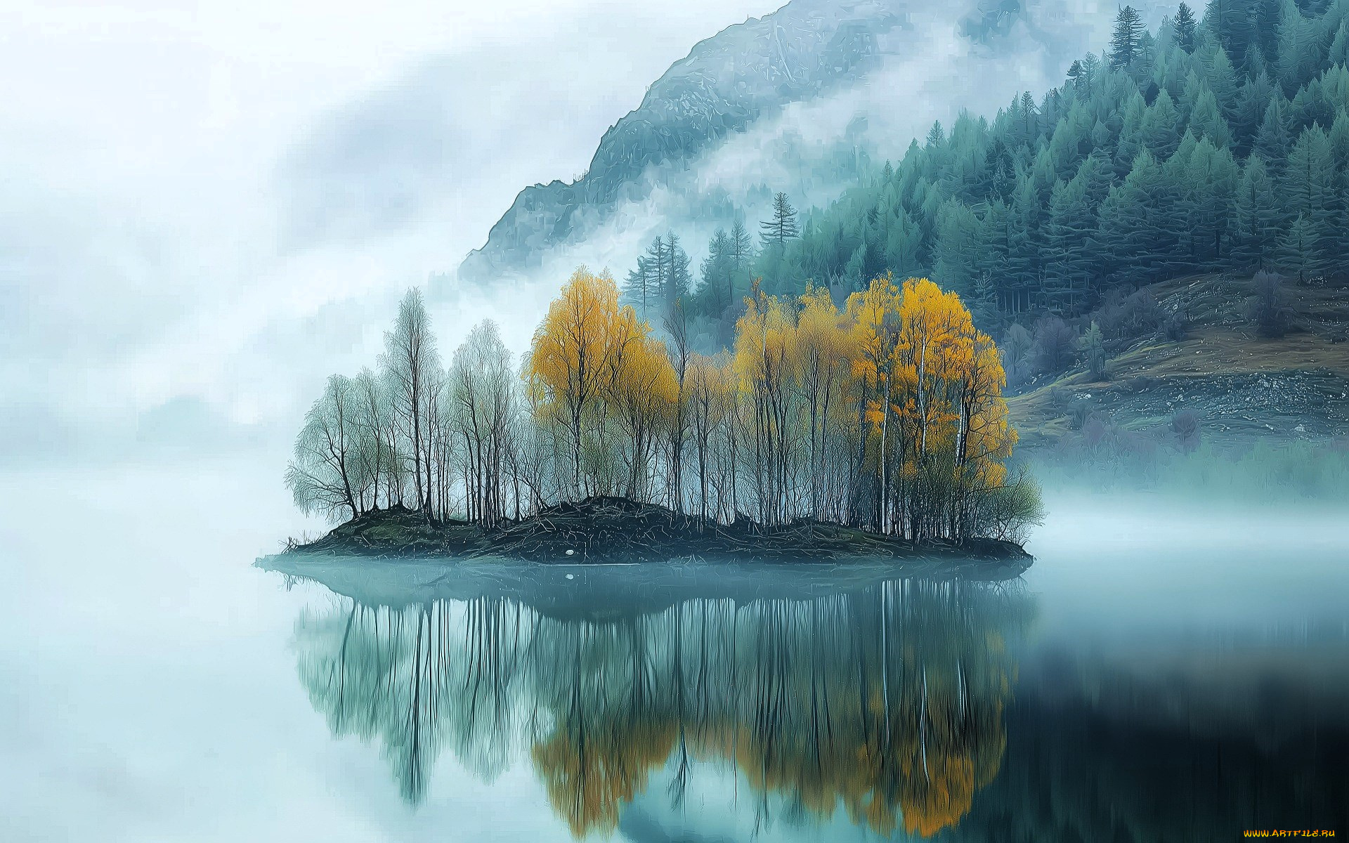 разное, компьютерный, дизайн, горы, туман, лес, осень, озеро, остров