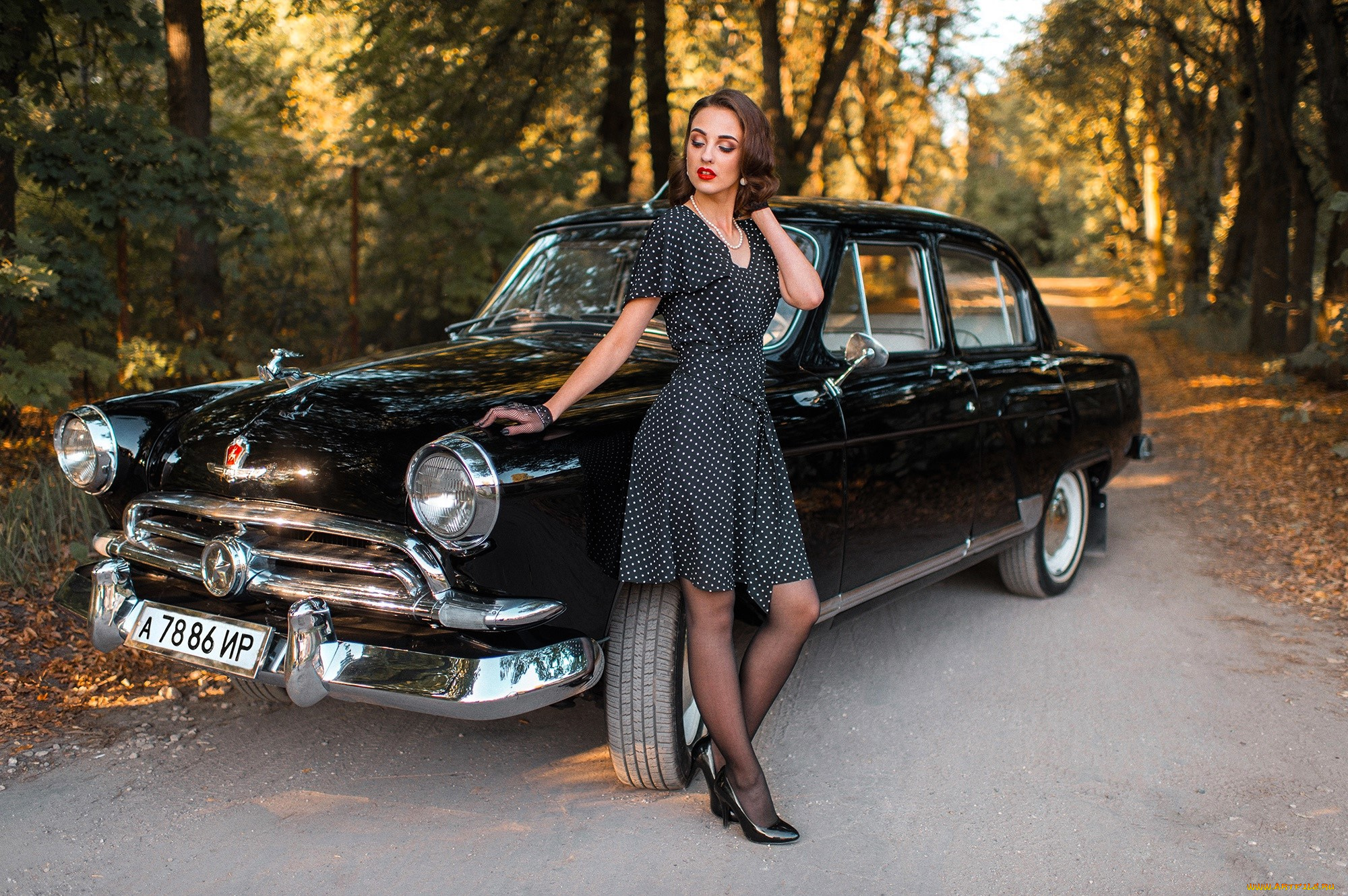 автомобили, -авто, с, девушками, шатенка, платье, колготки, туфли, машина, черная, волга, лес, осень, деревья, дорога