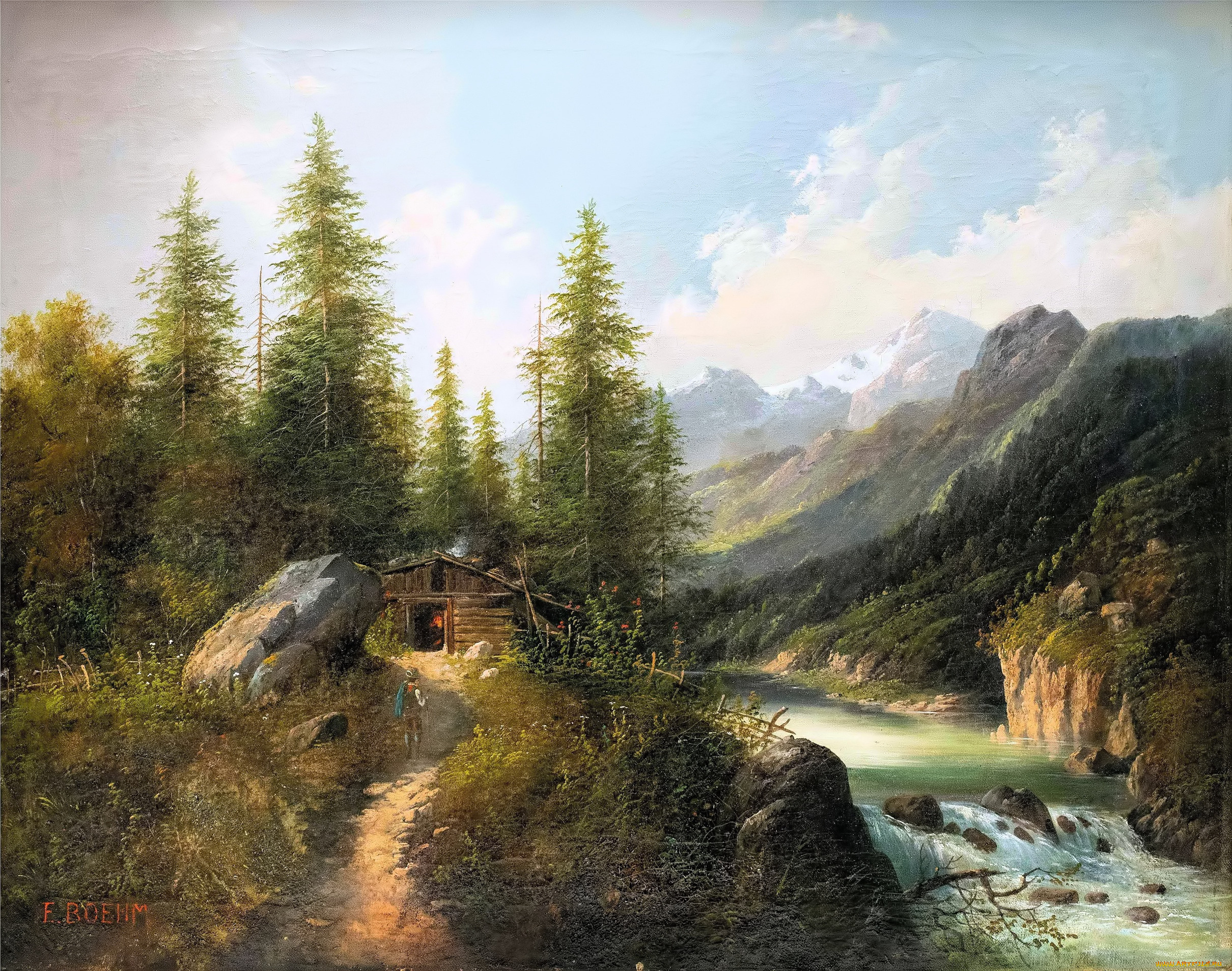 рисованное, живопись, лес, деревья, изба, река, горы, трава, тропа, камень